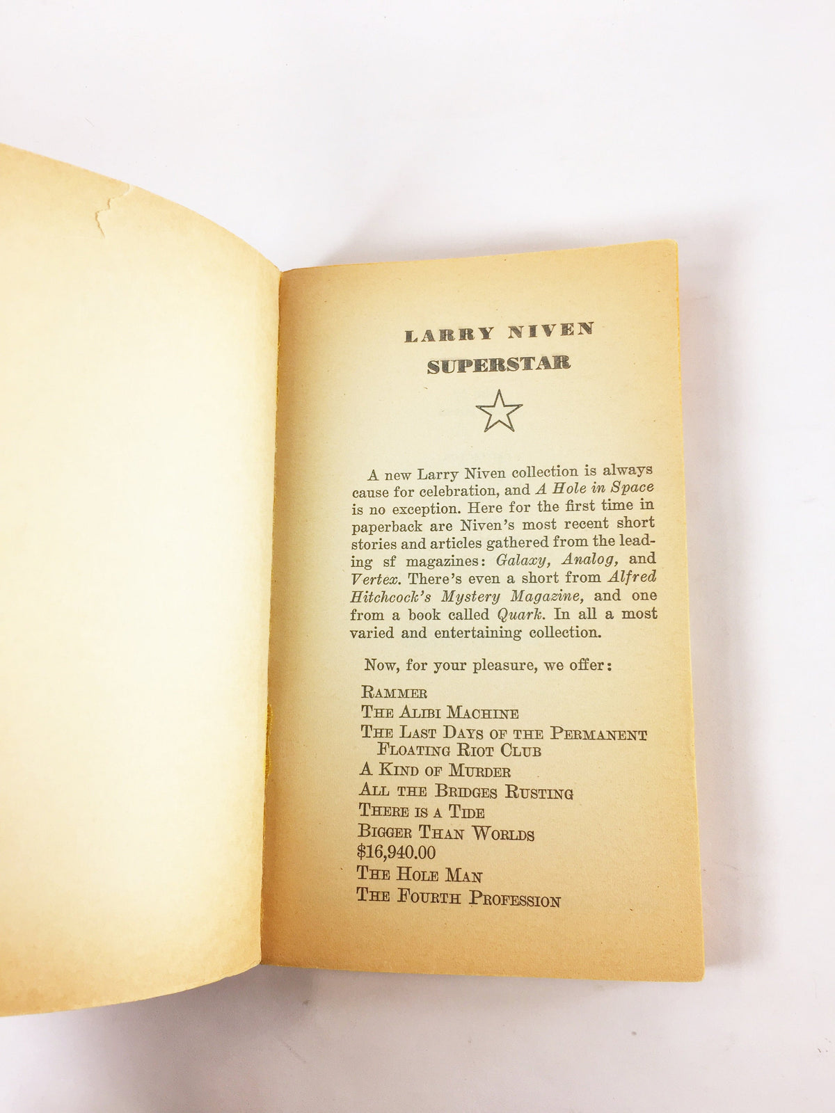 A Hole in Space Vintage paperback book by Larry Niven circa 1974. Science fiction gift. Theoretical physics. Hugo, Nebula & Locus Awards