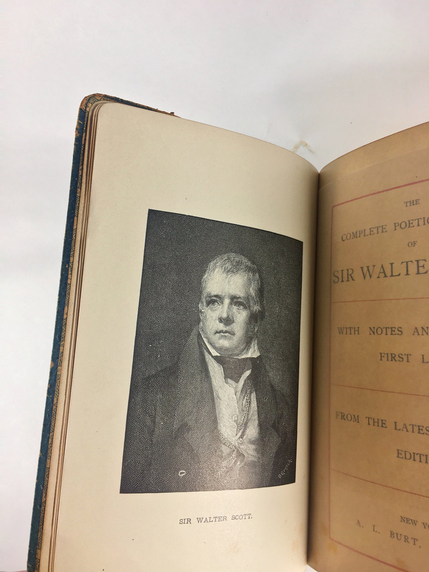 1850 Poetical Works of Sir Walter Scott Vintage blue leather book gilt tooling marbled end papers. Antique home office decor