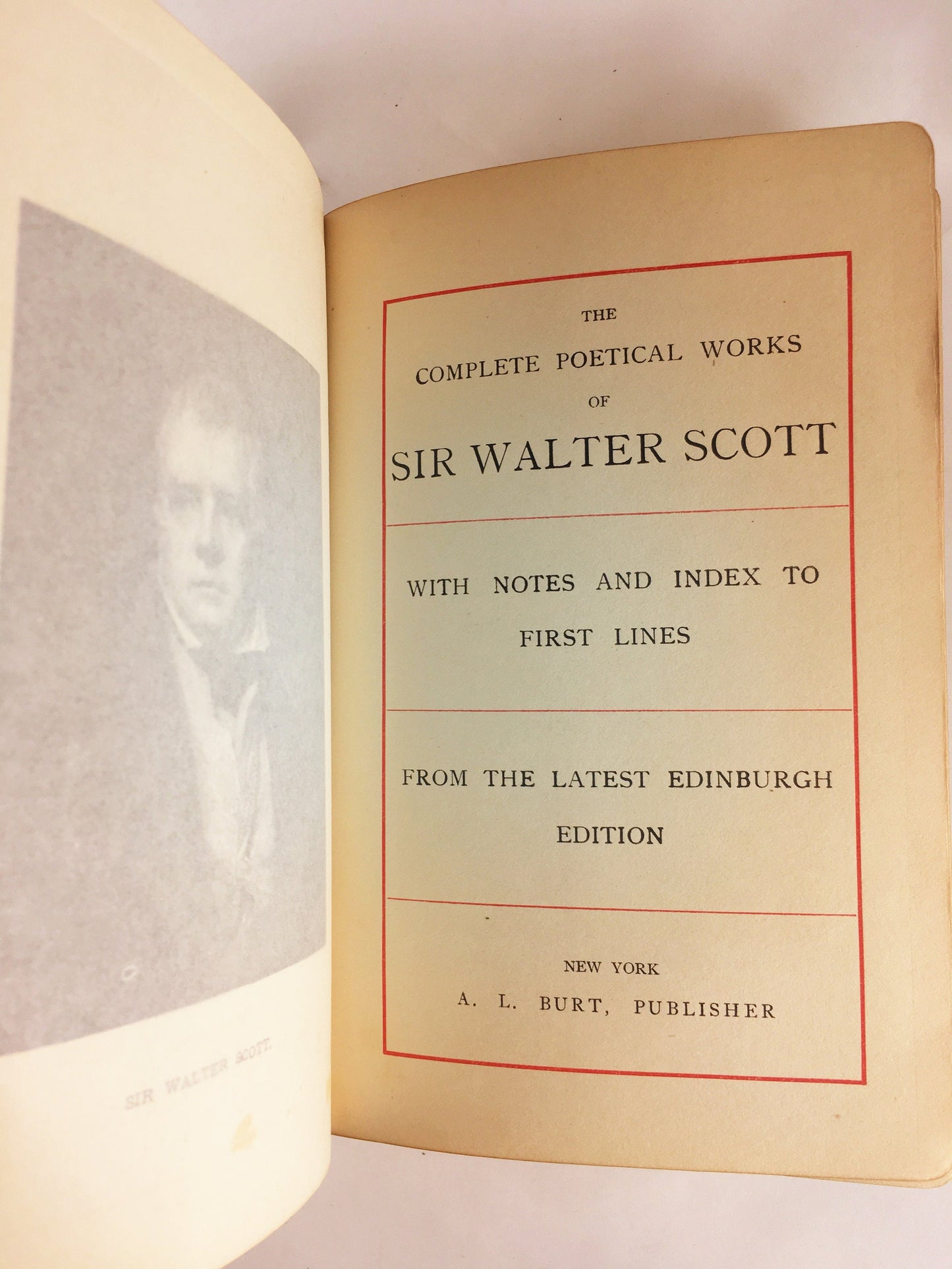 1850 Poetical Works of Sir Walter Scott Vintage blue leather book gilt tooling marbled end papers. Antique home office decor