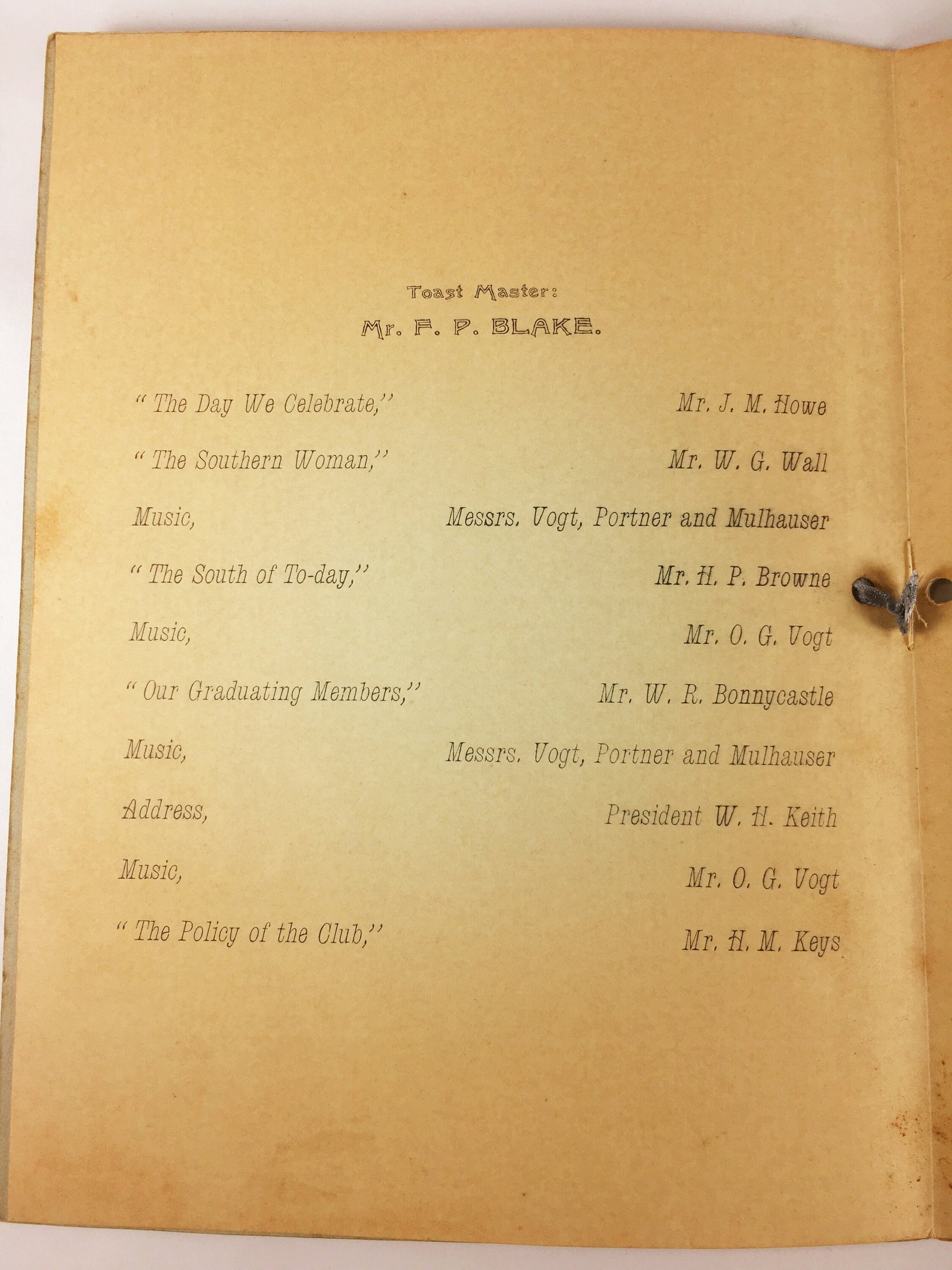 1896 MIT Southern Club menu at The Thorndike. Massachusetts Institute of Technology collectible memorabilia. Southern Students alumni