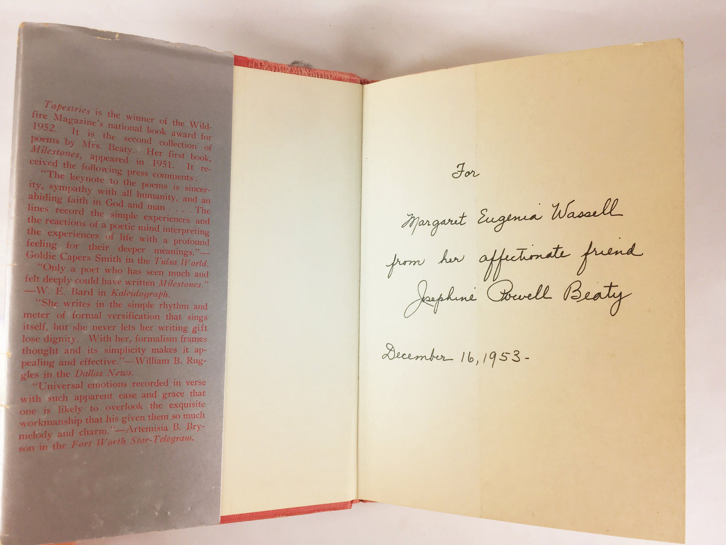 Tapestries by Josephine Powell Beaty. SIGNED First Edition vintage poetry book circa 1953 winner of the Wildfire Magazine Award. Milesteones