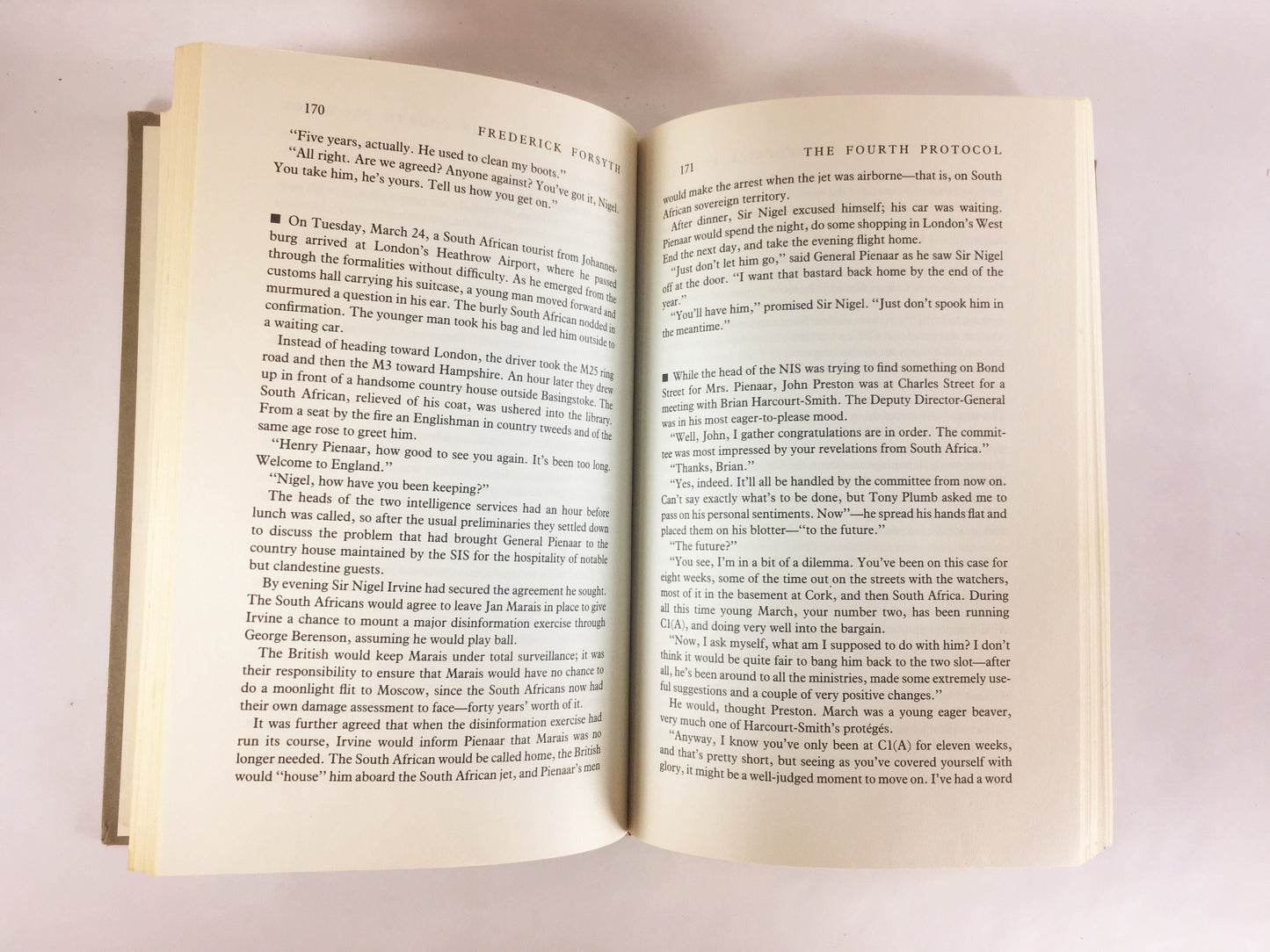 1984 Fourth Protocol by Frederick Forsyth EARLY PRINTING vintage book about stolen top secret documents and the M15 in London England.