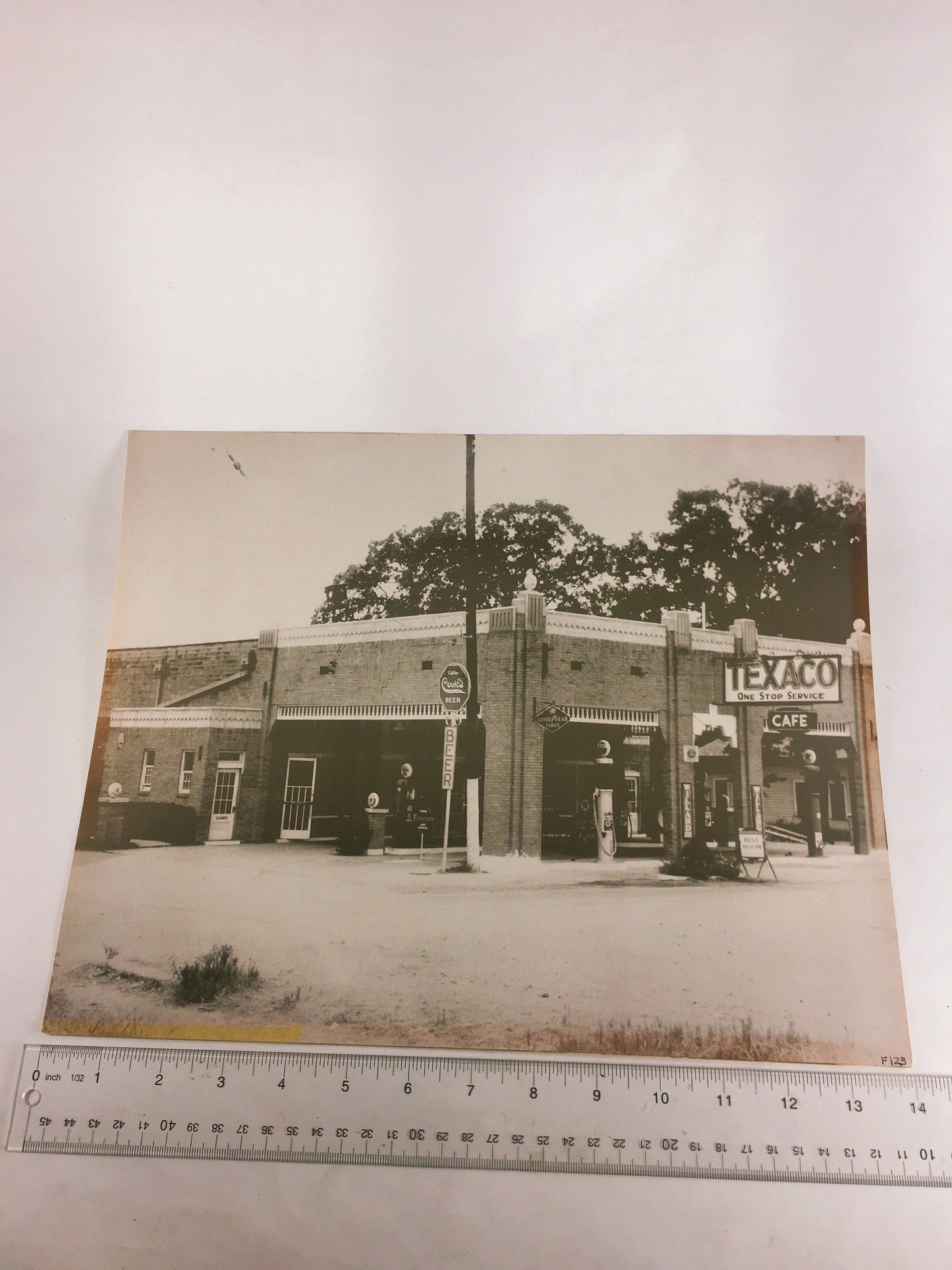 1930s LARGE Vintage gas service station Texaco photograph with Cook's Beer, Firestone Tire and Willard signs. Americana office decor 11x14