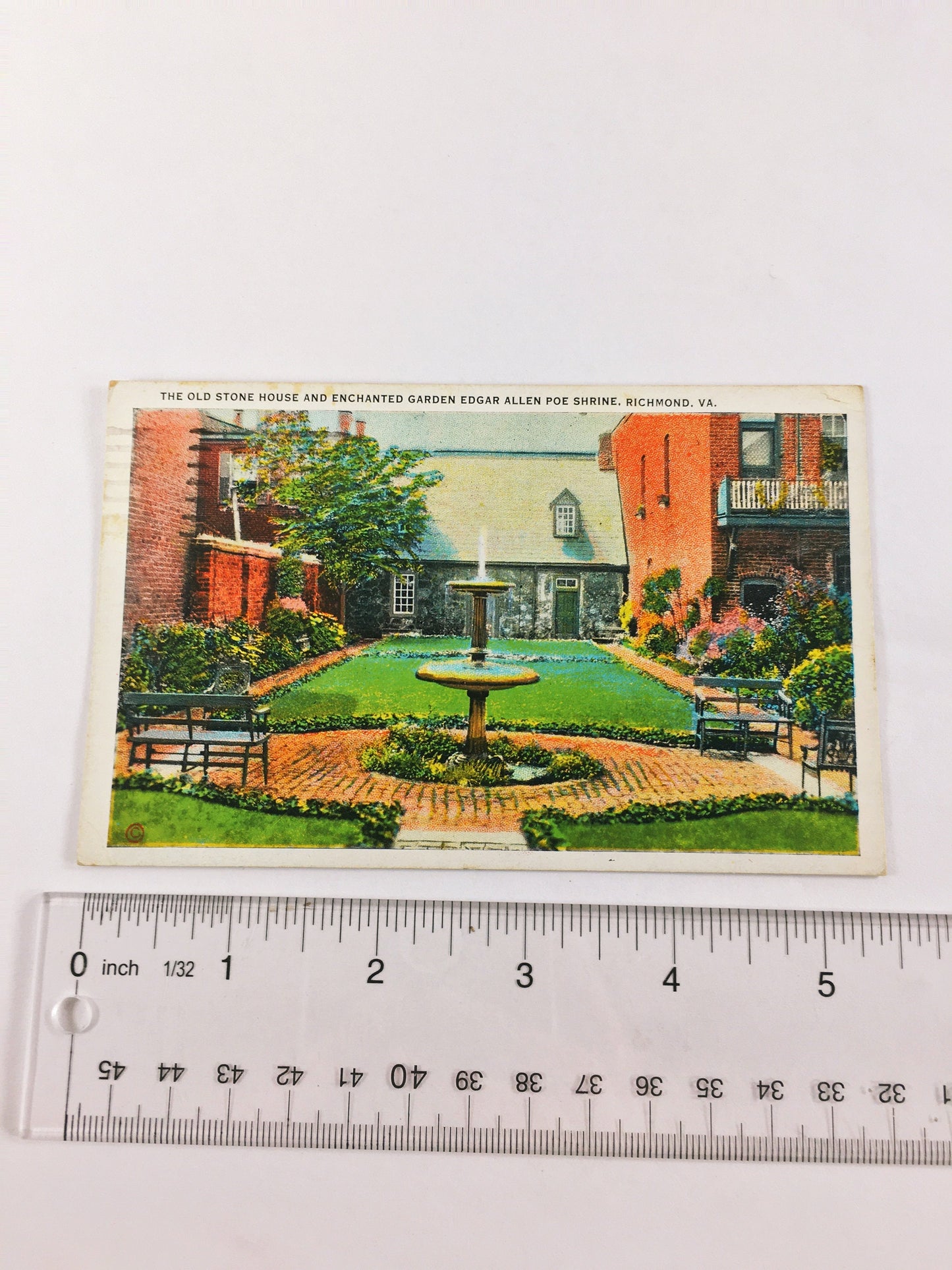 1930s Vintage Edgar Allan Poe shrine of house and enchanted garden linen postcard. Old Stone House in Richmond Virginia