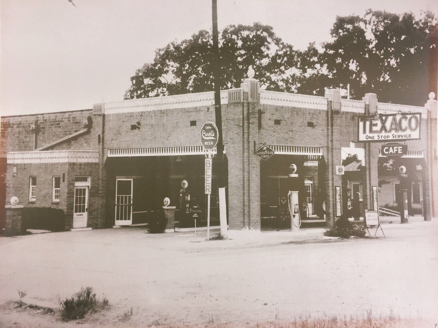 1930s LARGE Vintage gas service station Texaco photograph with Cook's Beer, Firestone Tire and Willard signs. Americana office decor 11x14