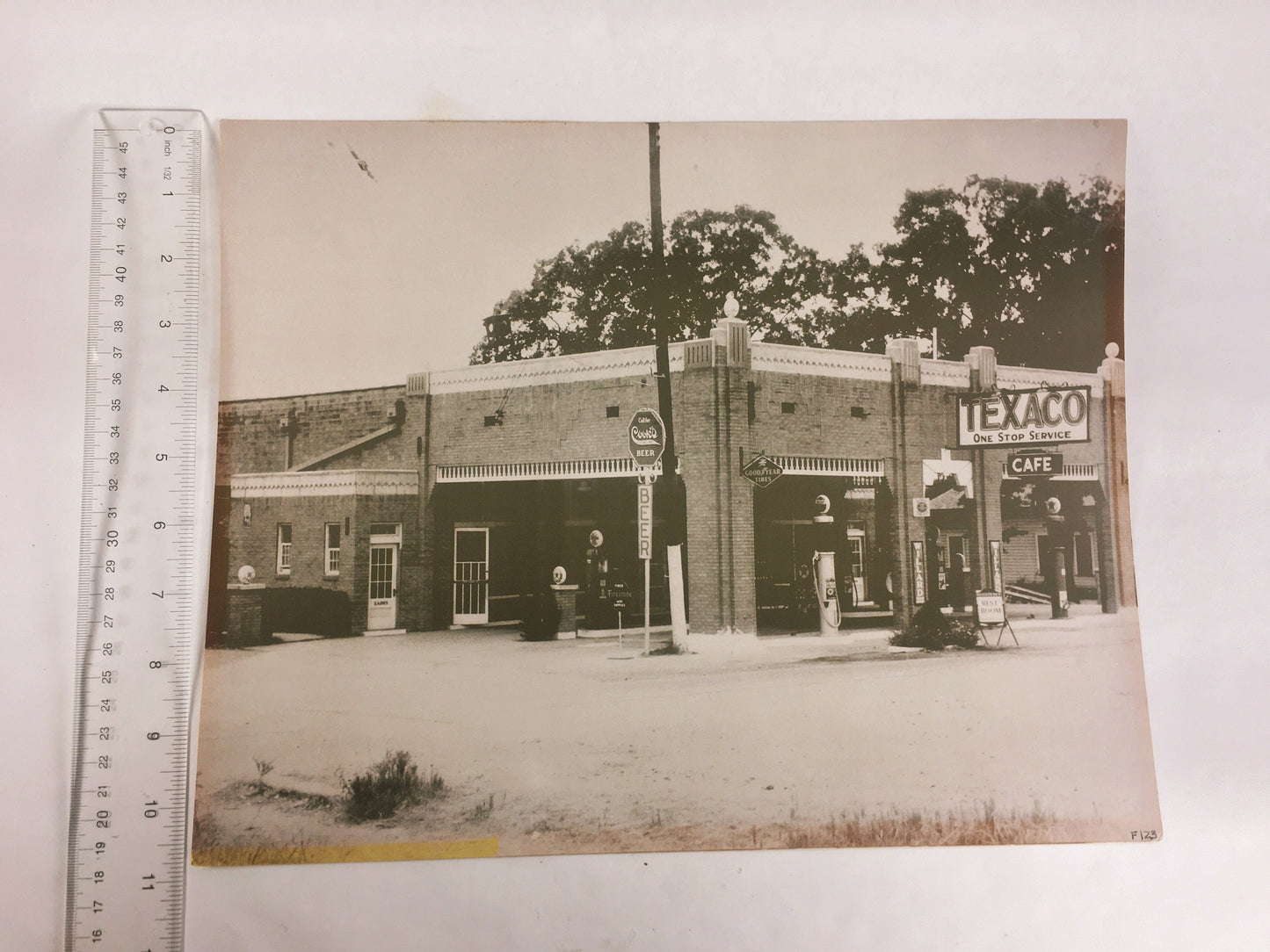 1930s LARGE Vintage gas service station Texaco photograph with Cook's Beer, Firestone Tire and Willard signs. Americana office decor 11x14