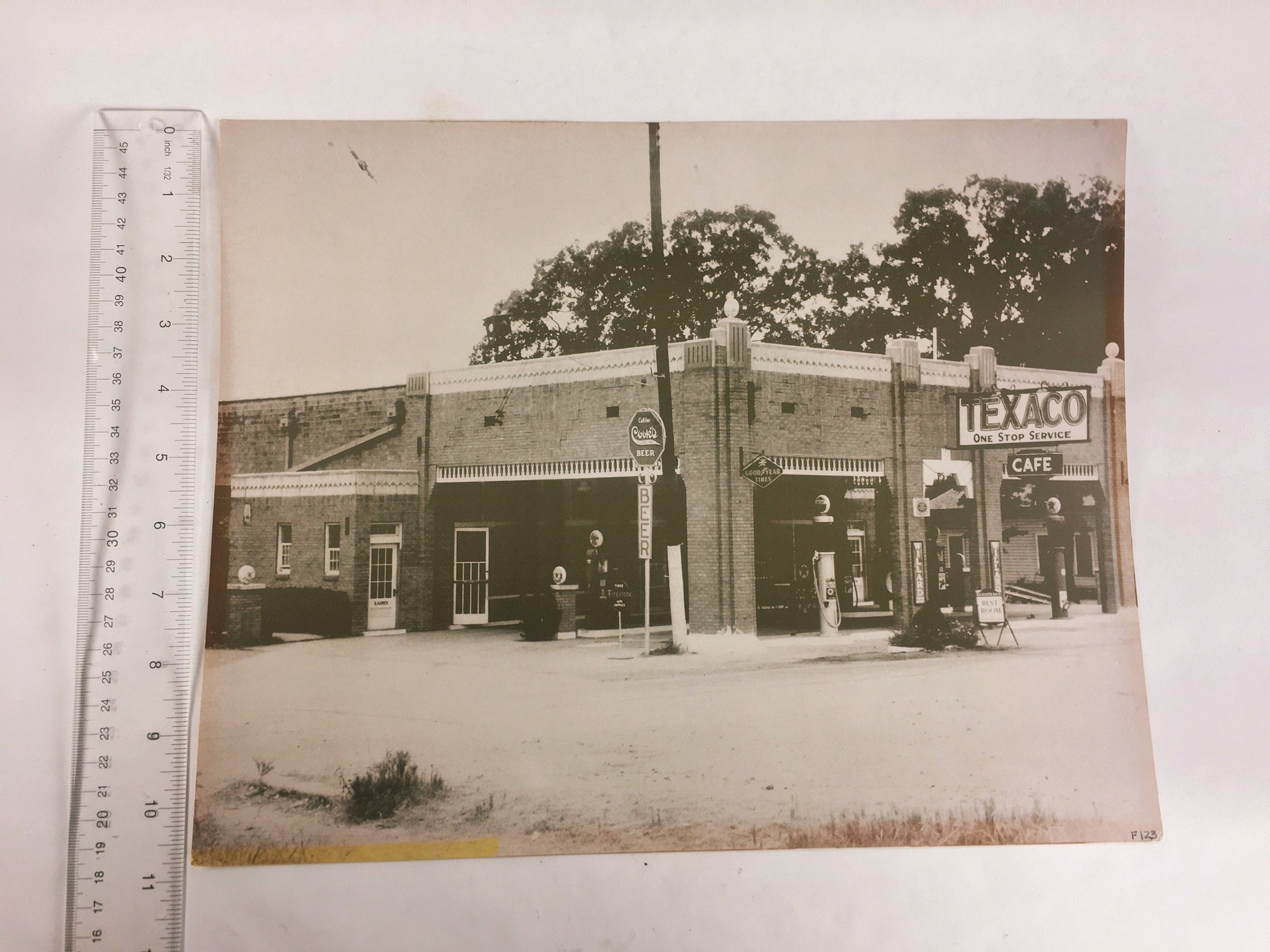 1930s LARGE Vintage gas service station Texaco photograph with Cook's Beer, Firestone Tire and Willard signs. Americana office decor 11x14