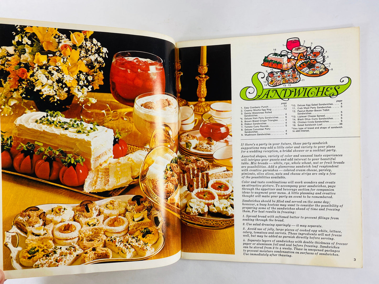 1971 Vintage Festive Foods recipe booklet Washington Gas Company. Illustrated cover of kitchen tools & utensils. Retro cooking decor