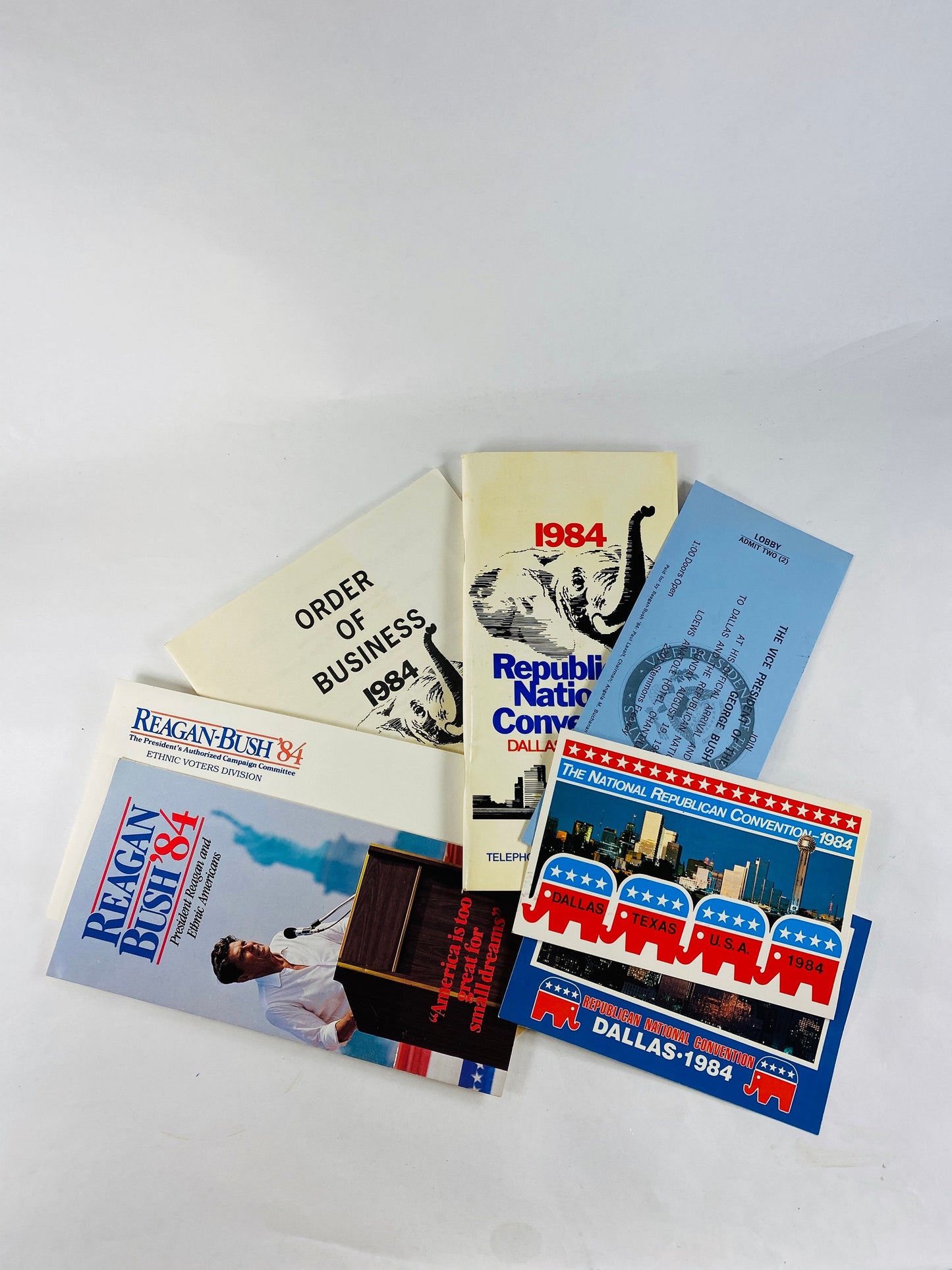 1984 Republican National Convention Reagan Bush vintage memorabilia Dallas Texas. Order of Business, envelopes, pamphlets, postcards ticket