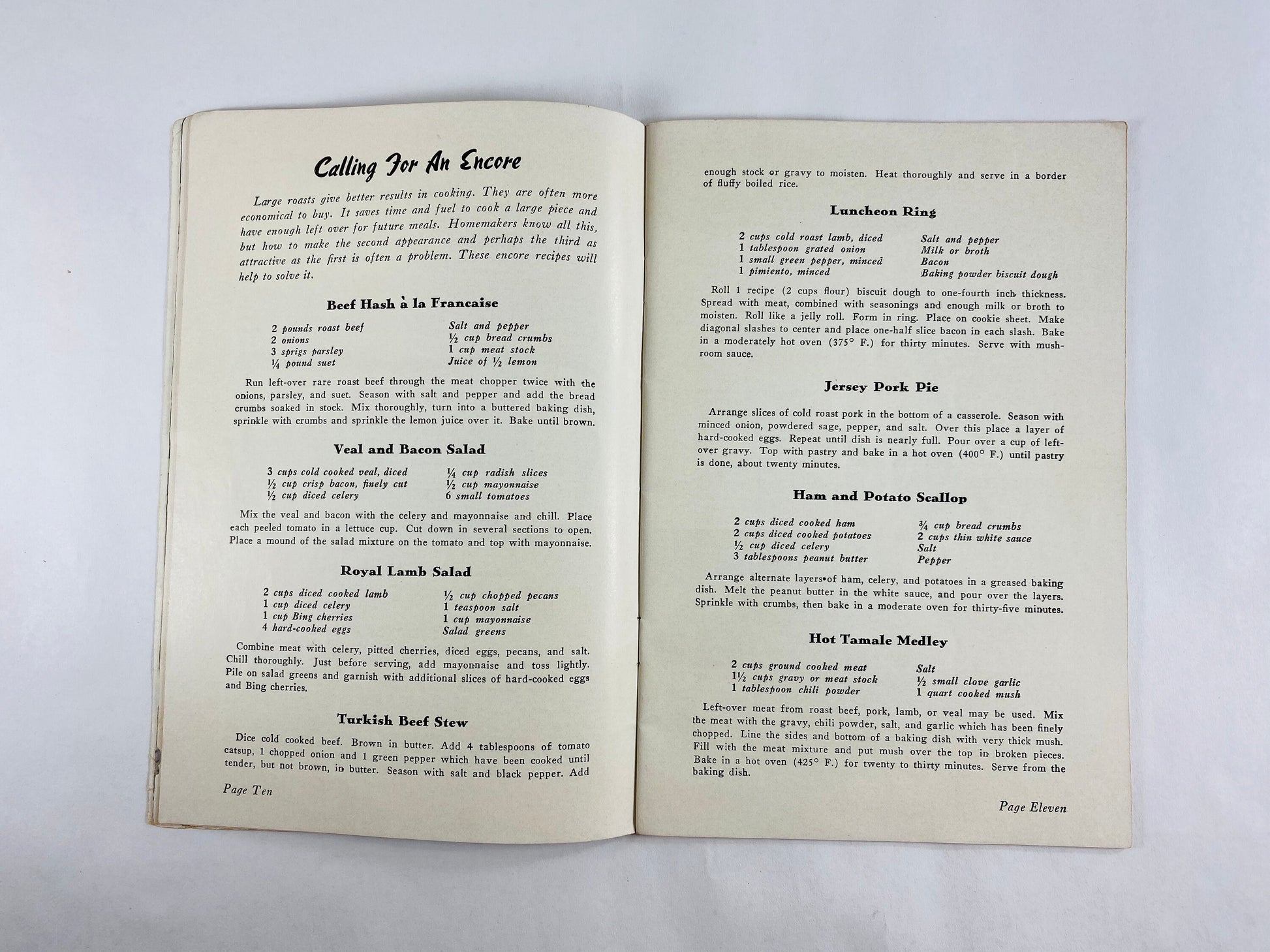 Medley of Meat Recipes WWII era vintage cookbook pamphlet printed by McWhorter Fine Meats. Guy Gift Bachelor.