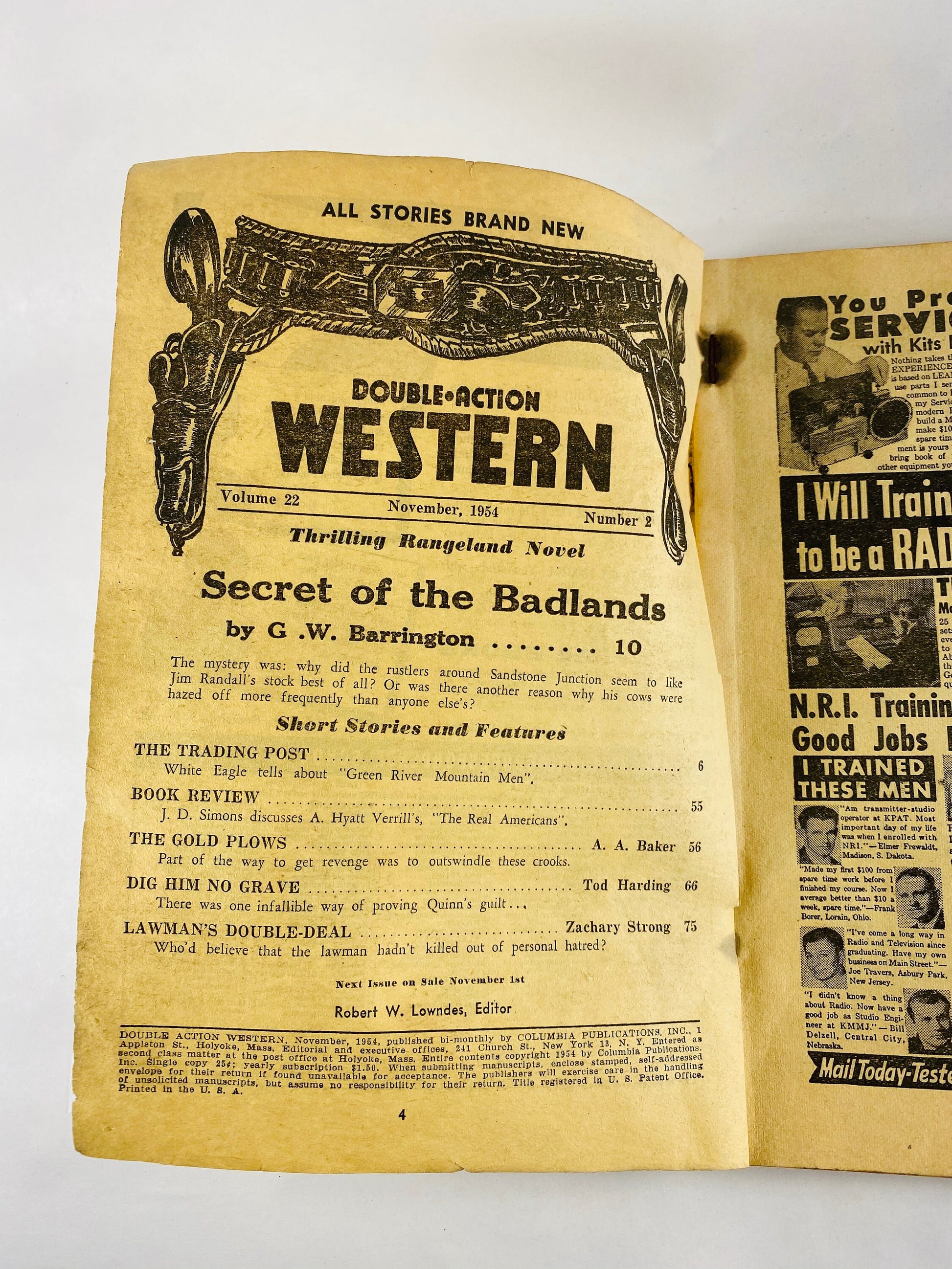 Double-Action Western Number 2, November 1954, volume 22 pulp magazine. Secret of the Badlands, Trading Post. Robert Lowndes, GW Barrington