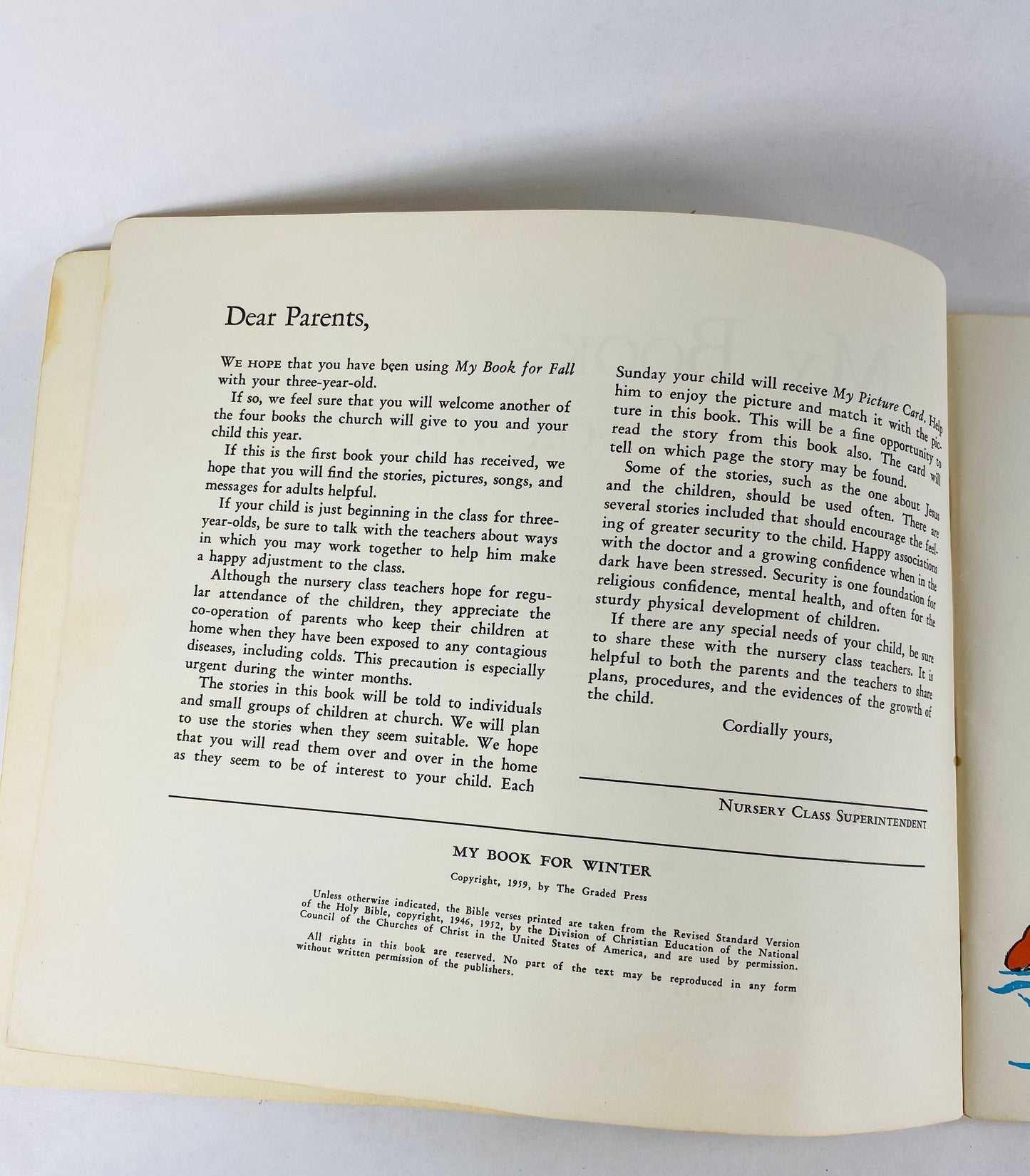 1959 Sunday School Church preschool Christian book lot My Book for Fall & Winter Maggie May Burrrow Vintage Christmas stocking stuffer Home