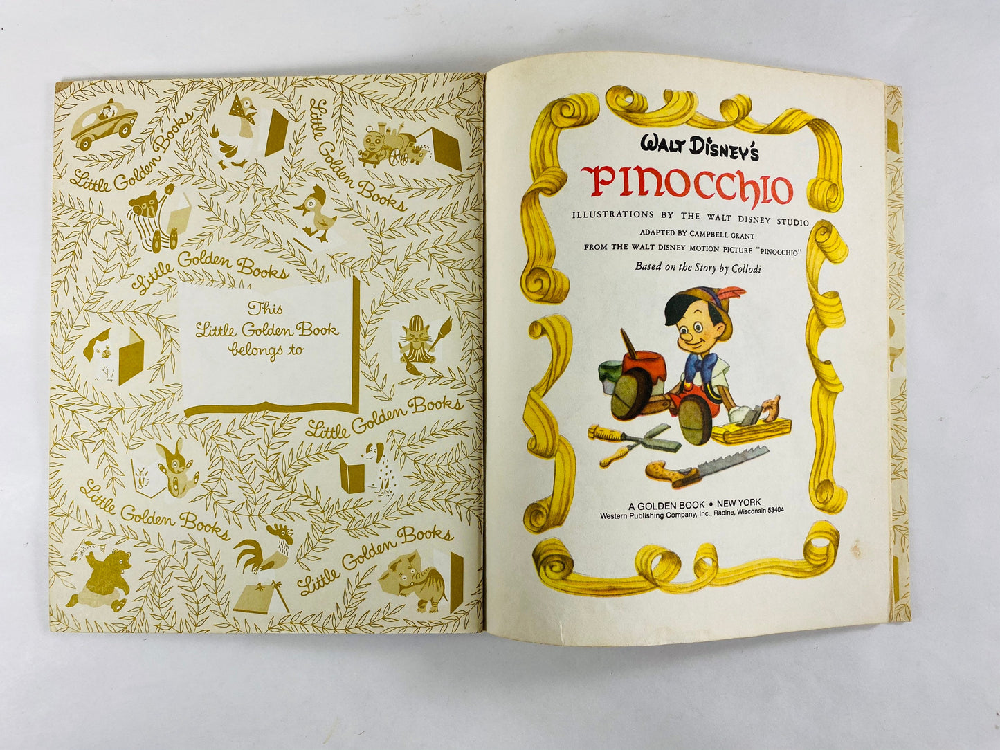 1980 Pinocchio Little Golden Book Walt Disney illustrations children’s stocking stuffer at home reading. Bedtime stories