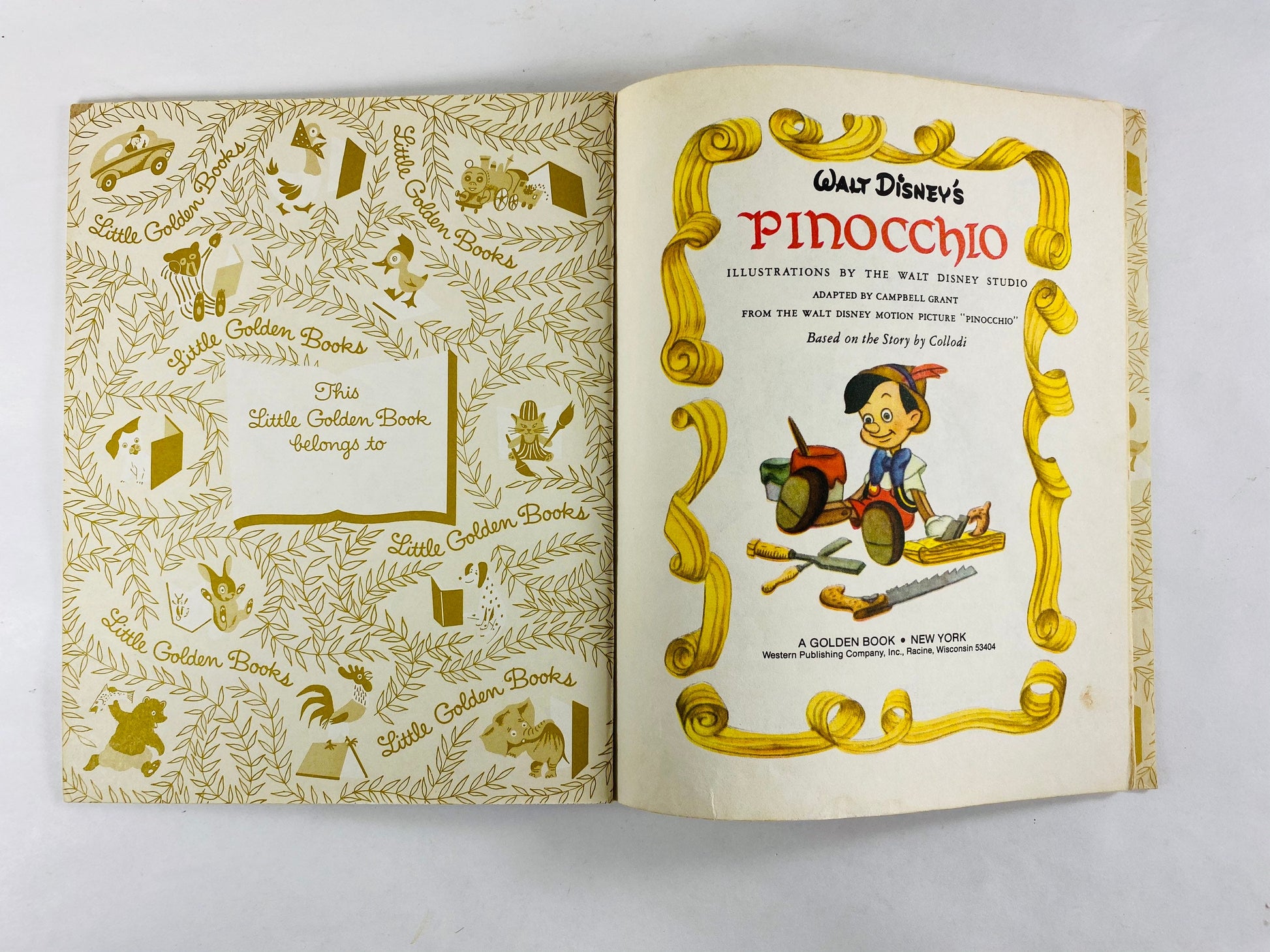 1980 Pinocchio Little Golden Book Walt Disney illustrations children’s stocking stuffer at home reading. Bedtime stories