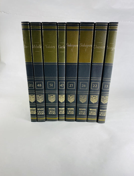 Vintage olive green & black Tolstoy Melville Goethe Shakespeare Chaucer Virgil Dante Britannica Great Books Staging bookshelf decor 1986