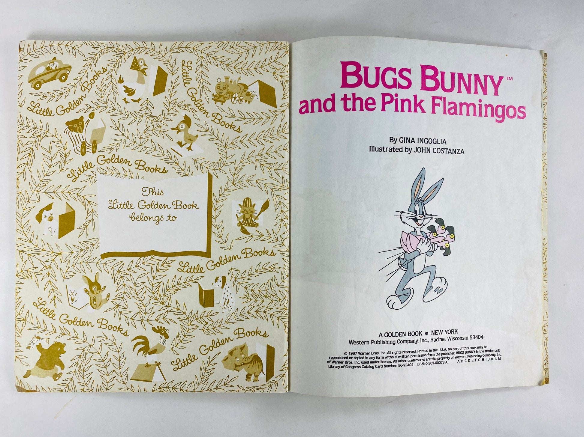 1987 Bugs Bunny Pink Flamingos Vintage Little Golden Book with Elmer Fudd, Porky Pig, Daffy Duck, Petunia Pig. Looney Tunes