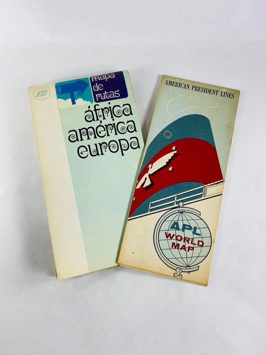 1968 Vintage world map lot American President Lines & Iberia Airlines. Spain Souvenir 1960s collectible. Perfect for framing! Wall art decor