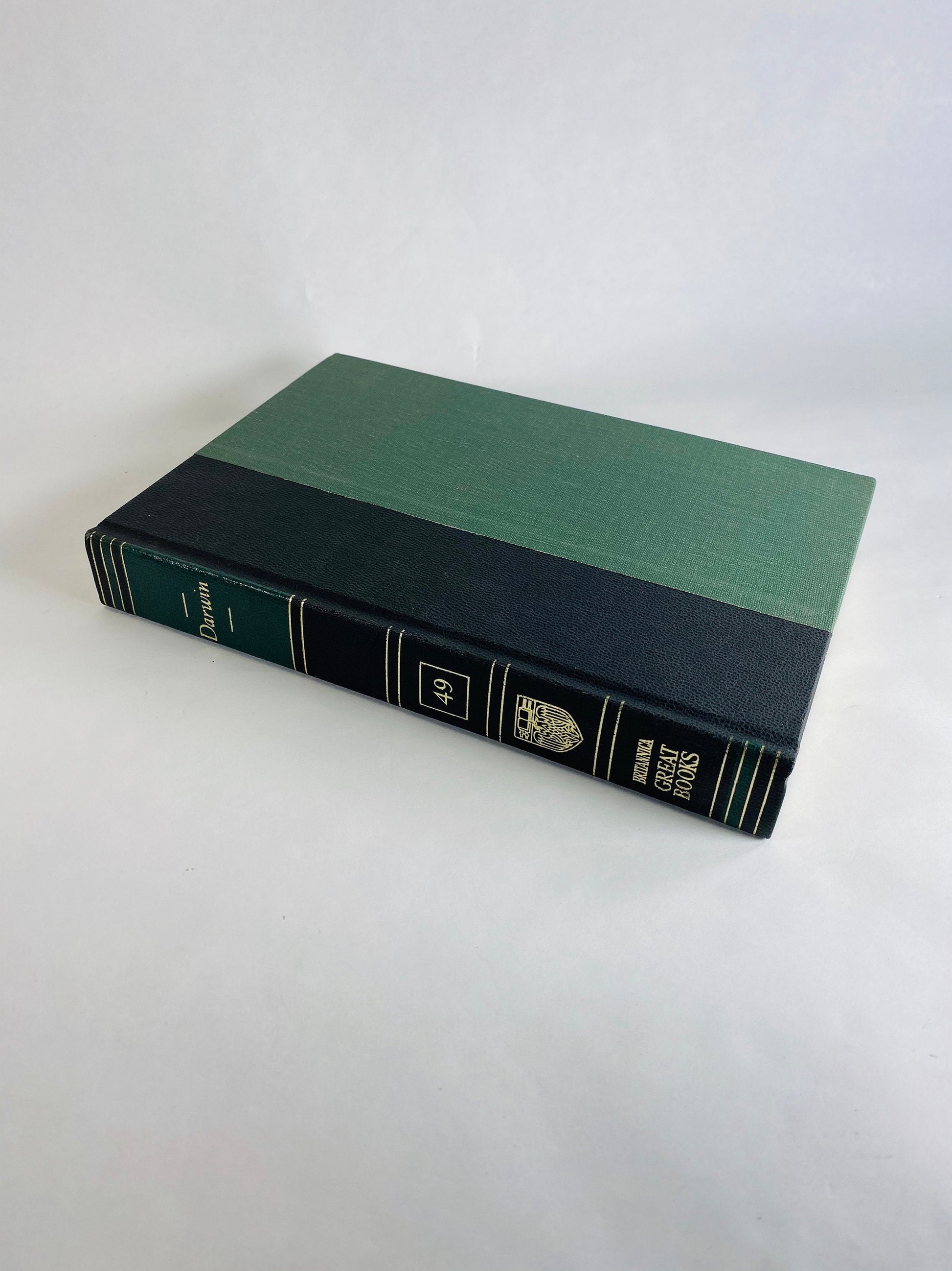 Emerald green & black vintage books Darwin Galileo Hippocrates Euclid Archimedes Newton Britannica Great Books Staging bookshelf decor 1986