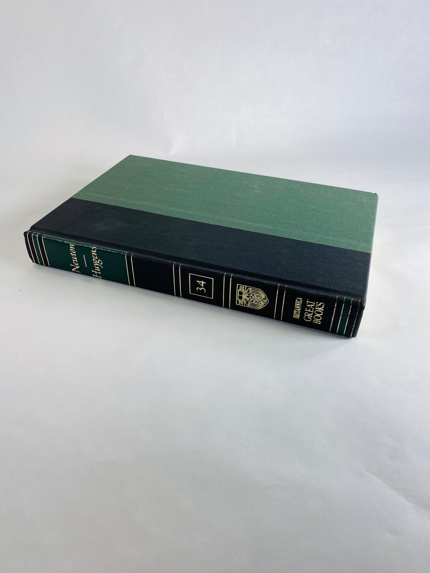 Emerald green & black vintage books Darwin Galileo Hippocrates Euclid Archimedes Newton Britannica Great Books Staging bookshelf decor 1986