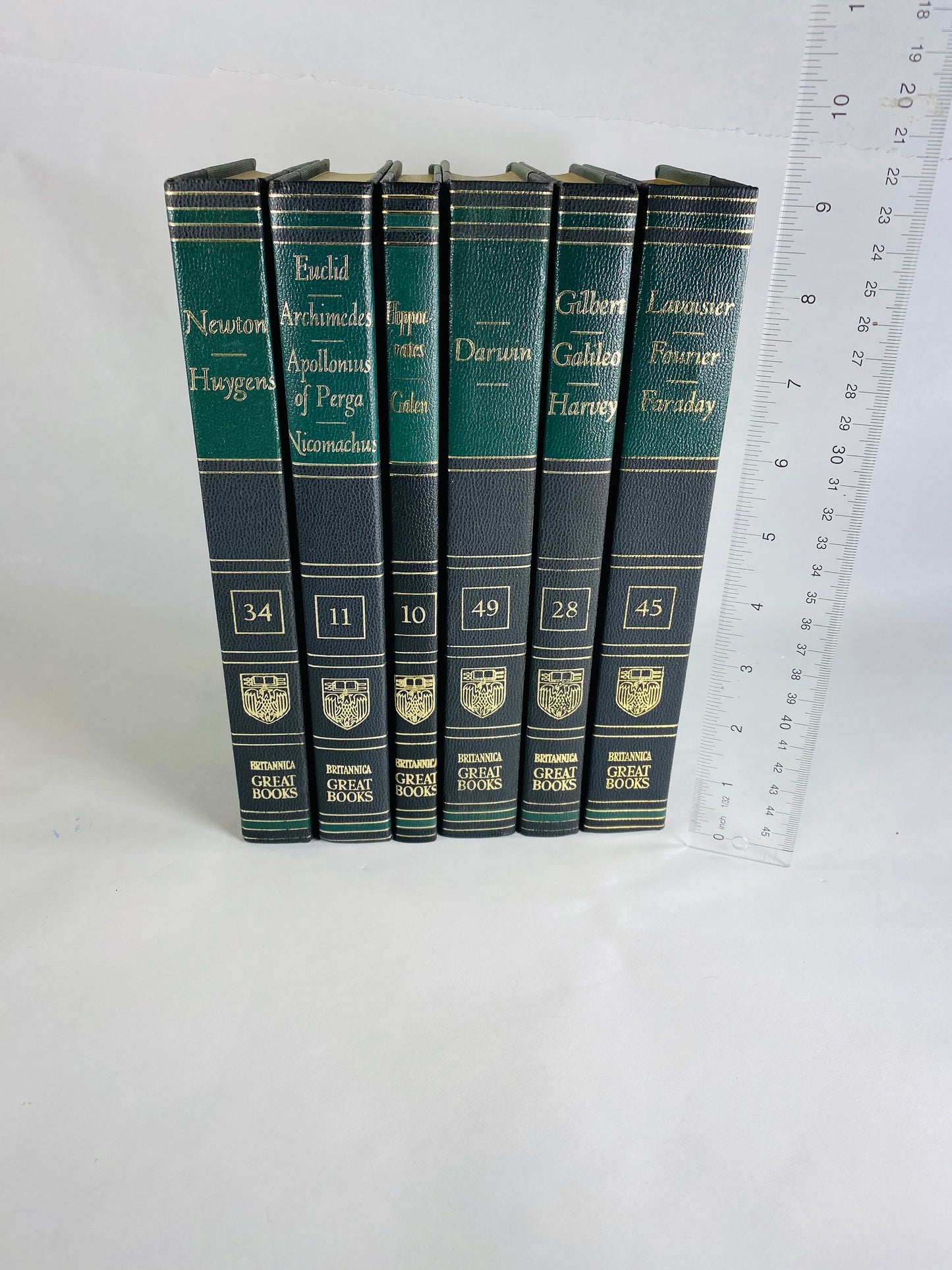 Emerald green & black vintage books Darwin Galileo Hippocrates Euclid Archimedes Newton Britannica Great Books Staging bookshelf decor 1986