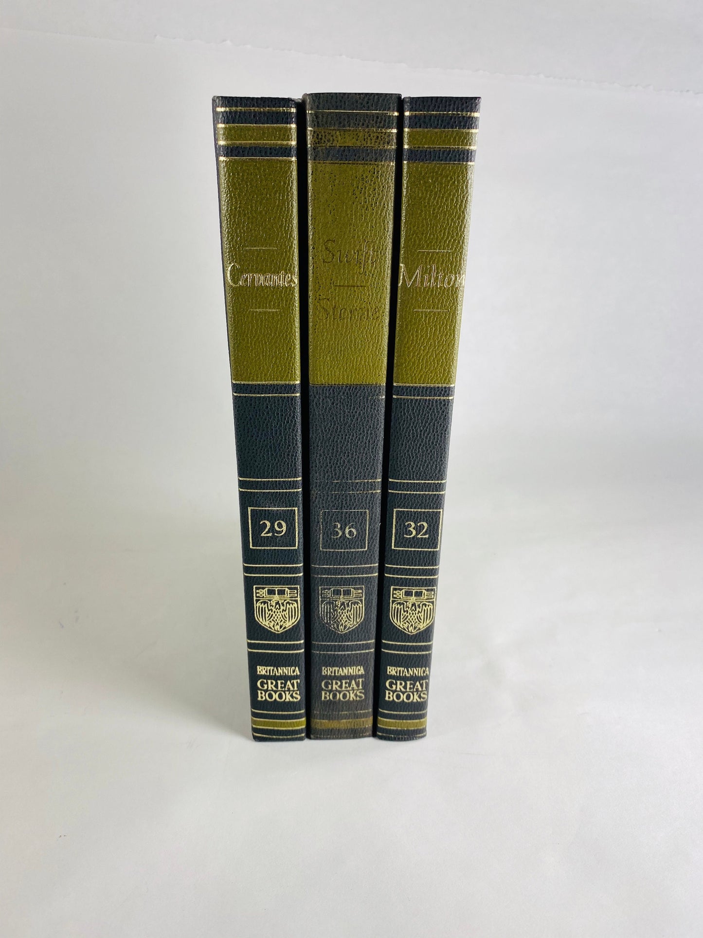 Vintage olive green & black Don Quixote de la Mancha Cervantes Swift Milton Britannica Great Books Staging bookshelf decor 1986