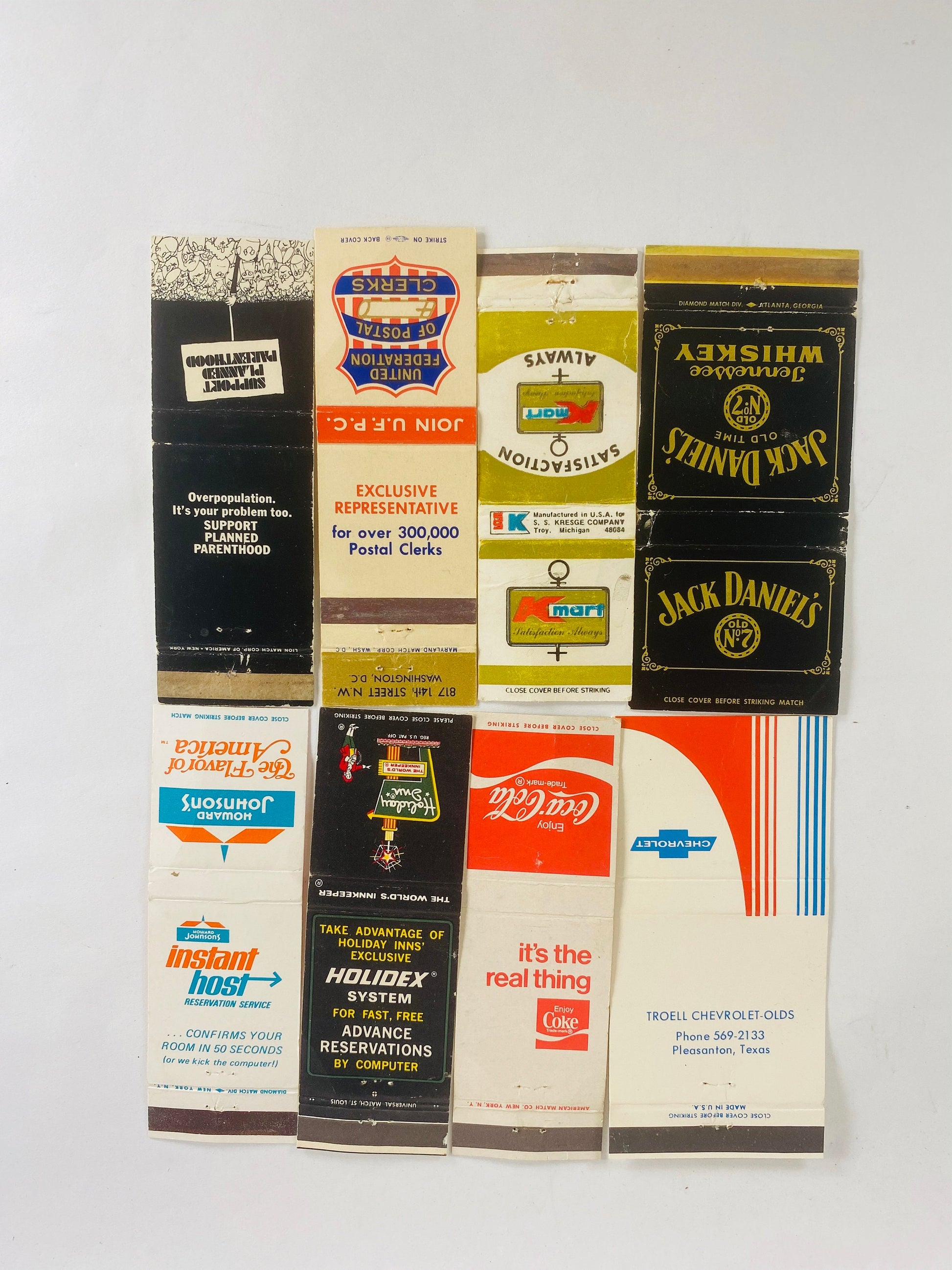 Chevrolet Coca-Cola Jack Daniels Howard Johnson Holiday Inn Vintage Matchbook cover Kmart Planned Parenthood US Postal Clerks Post Office