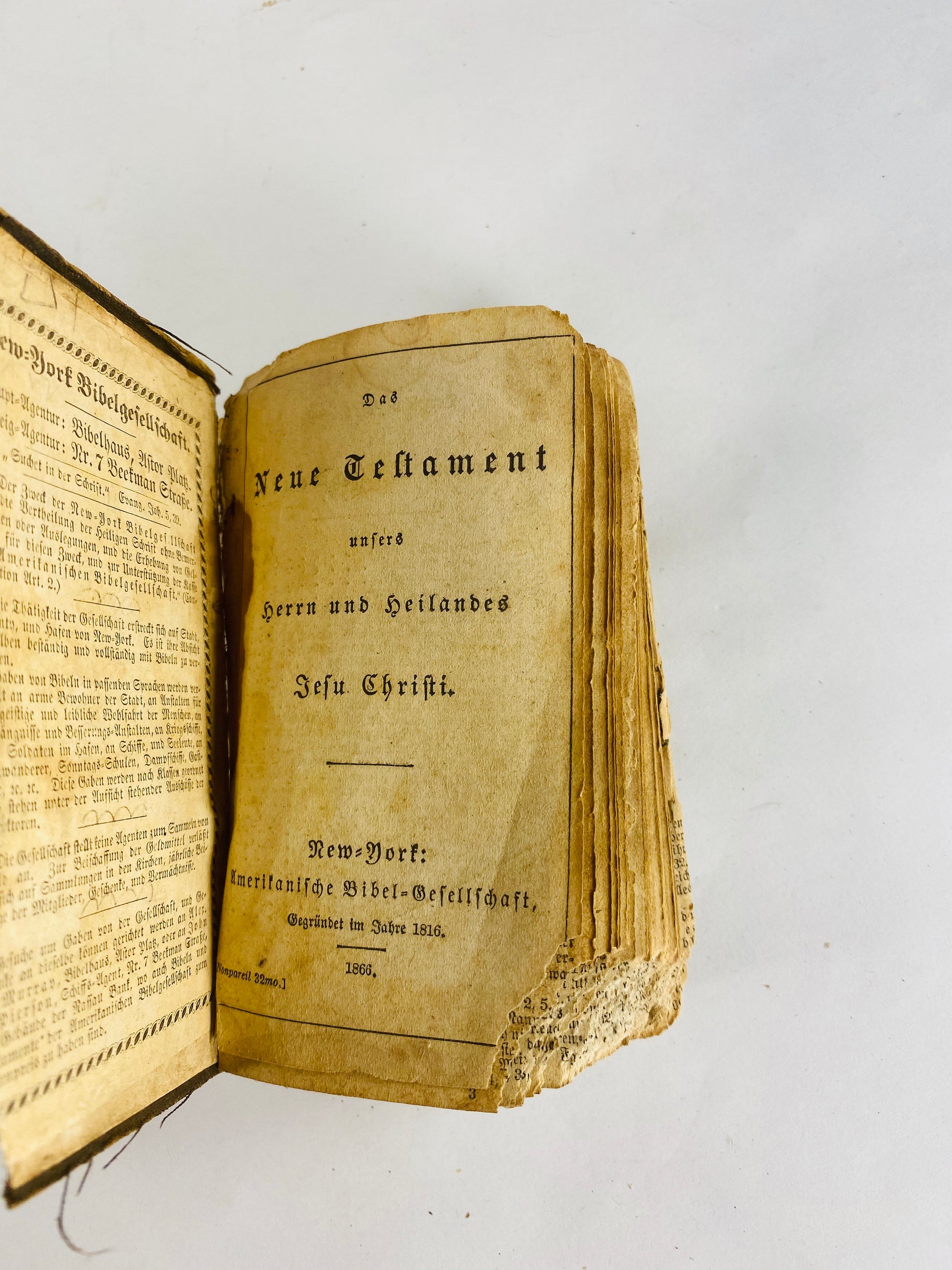 1866 American German New Testament antique leather pocket bible 19th Century Christian Small Religious Book post Civil War