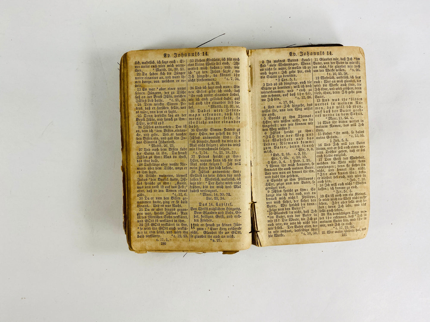 1866 German New Testament Holy Bible with worn leather cover in poor condition. Antique small miniature Christian book. Christmas stocking