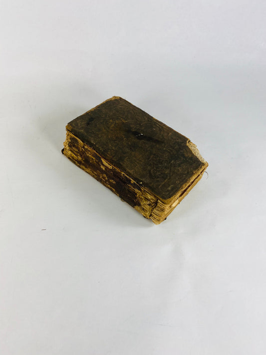 1866 German New Testament Holy Bible with worn leather cover in poor condition. Antique small miniature Christian book. Christmas stocking
