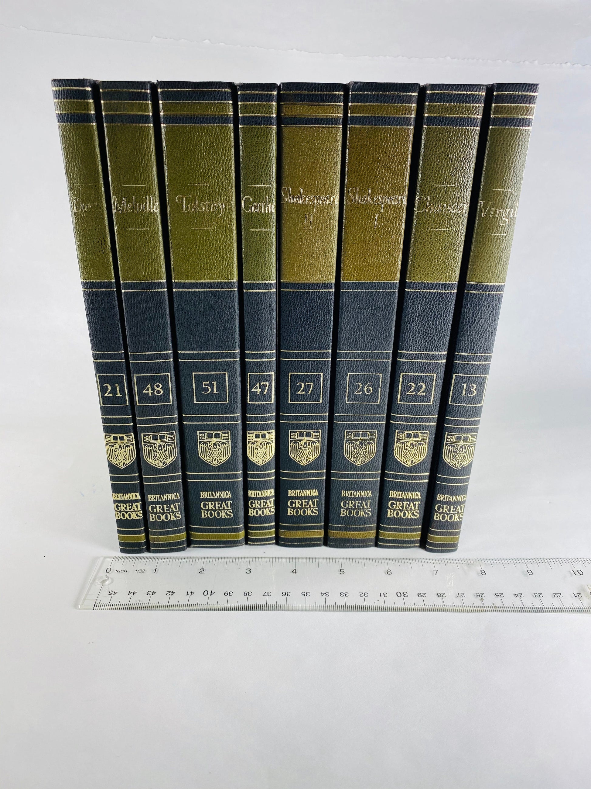 Vintage olive green & black Tolstoy Melville Goethe Shakespeare Chaucer Virgil Dante Britannica Great Books Staging bookshelf decor 1986