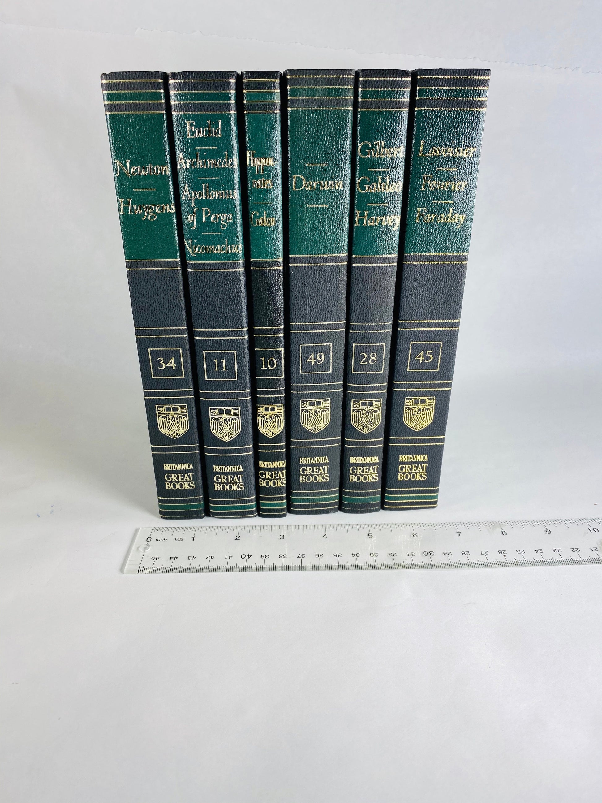 Emerald green & black vintage books Darwin Galileo Hippocrates Euclid Archimedes Newton Britannica Great Books Staging bookshelf decor 1986