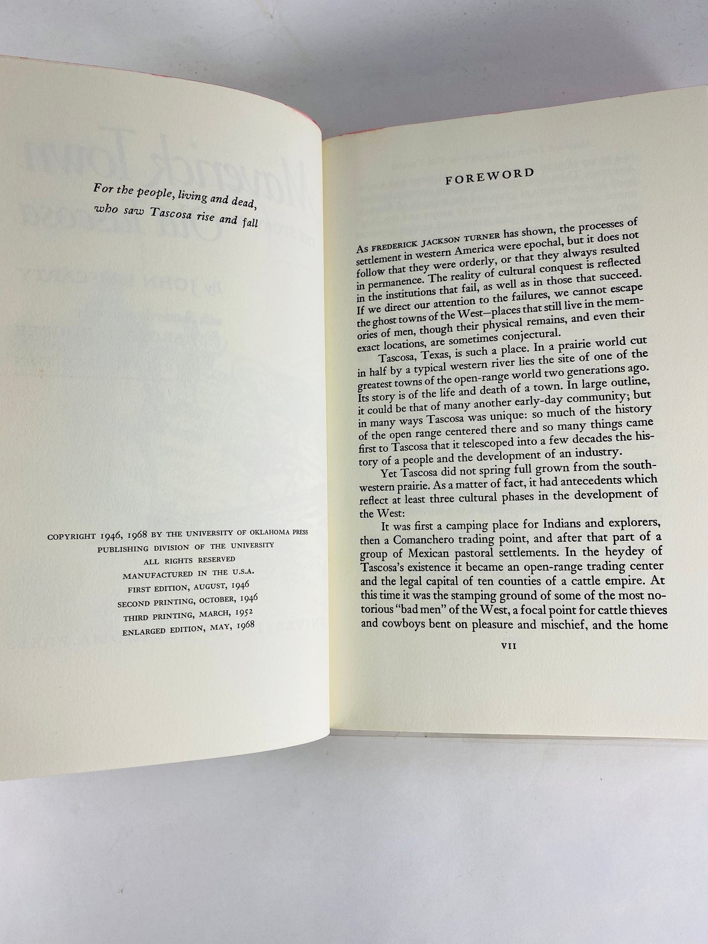 Maverick Town Story of Old Tascosa Book by John Lawton McCarty. Vintage book circa 1968 about Tascosa Texas, a ghost town of crumbling adobe