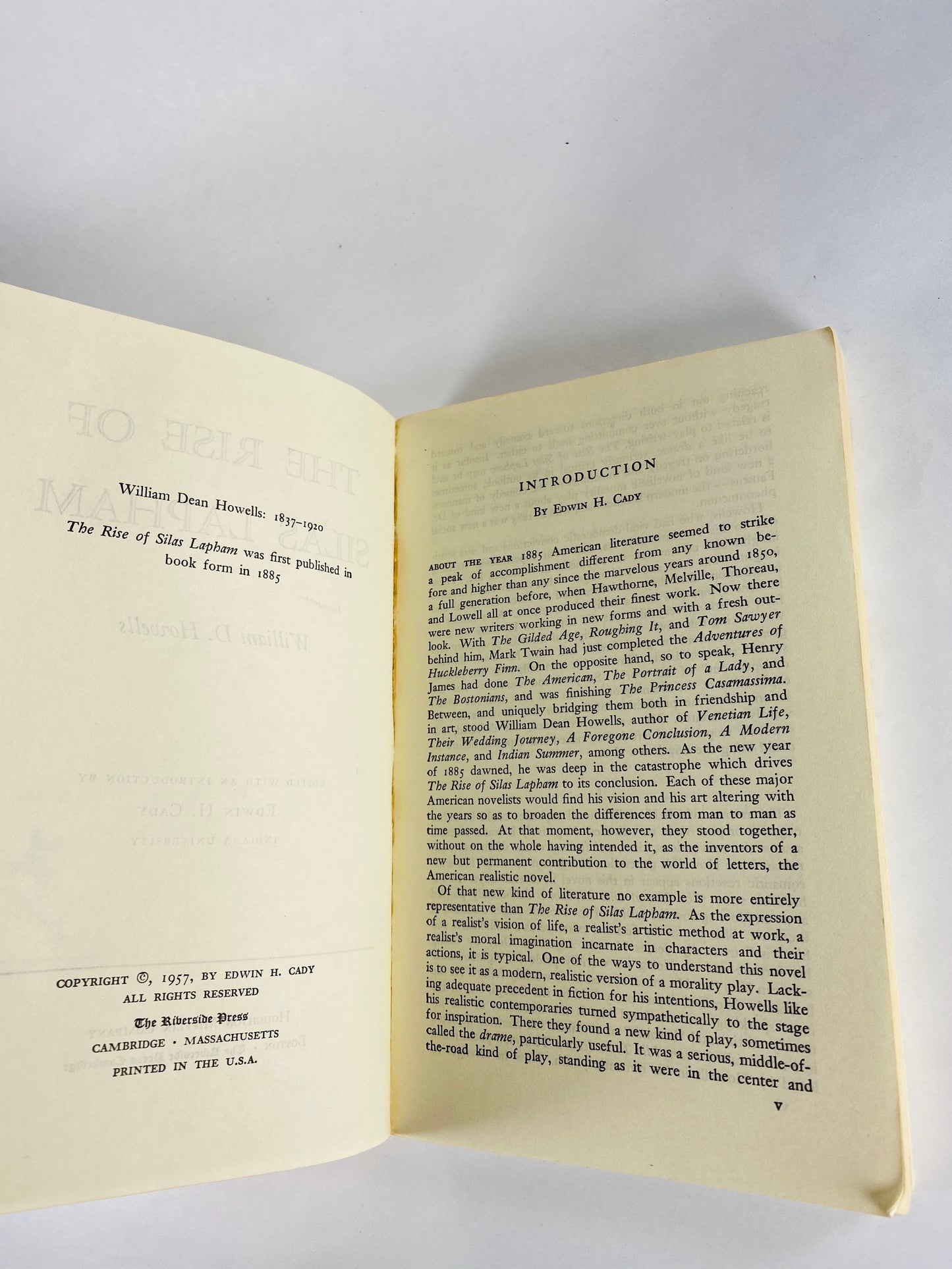 1957 Rise of Silas Lapham by William Howells Vintage Riverside paperback book about a self-made millionaire in Boston during the Gilded Age