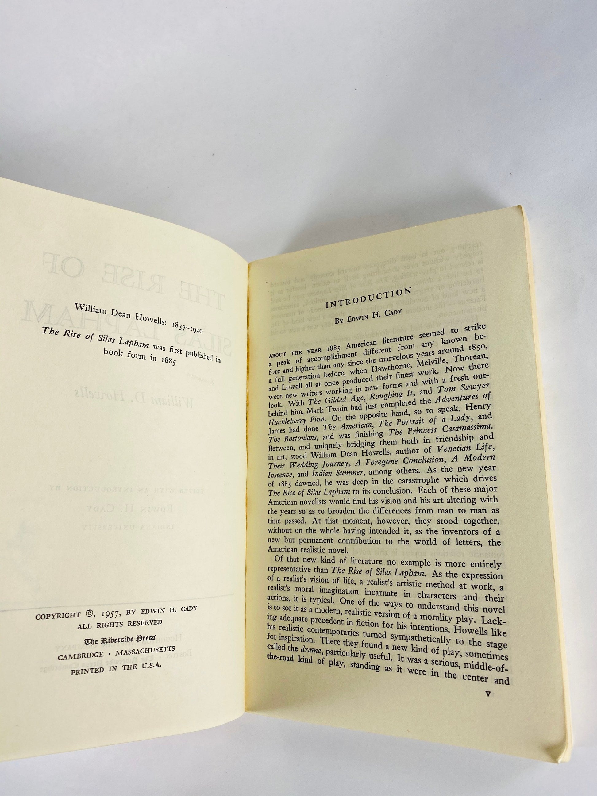 1957 Rise of Silas Lapham by William Howells Vintage Riverside paperback book about a self-made millionaire in Boston during the Gilded Age