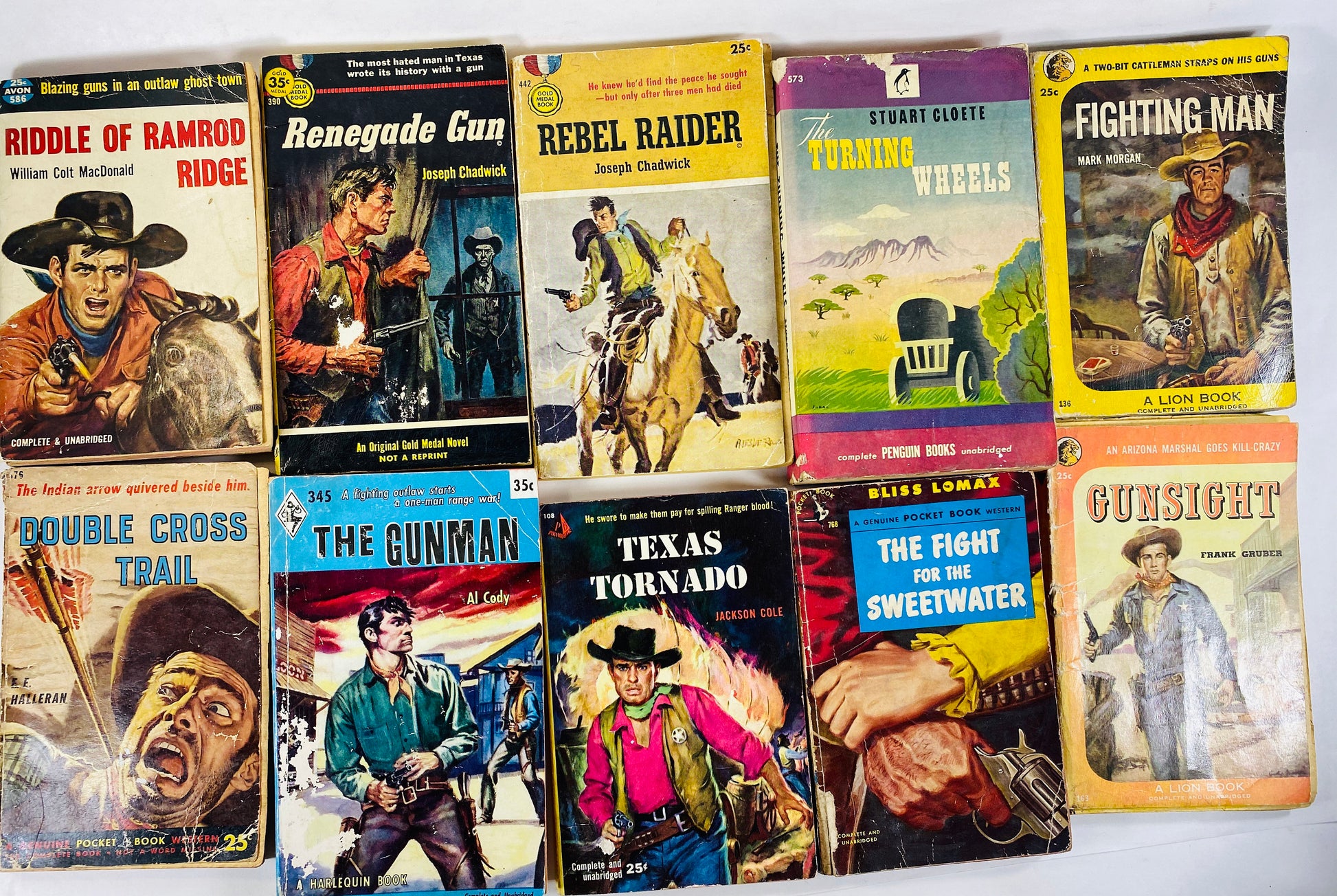 1950s Vintage Western paperback books cowboy stories Chadwick Rebel Raider Renegade Texas Tornado Fighting Man Sweetwater Sunsight