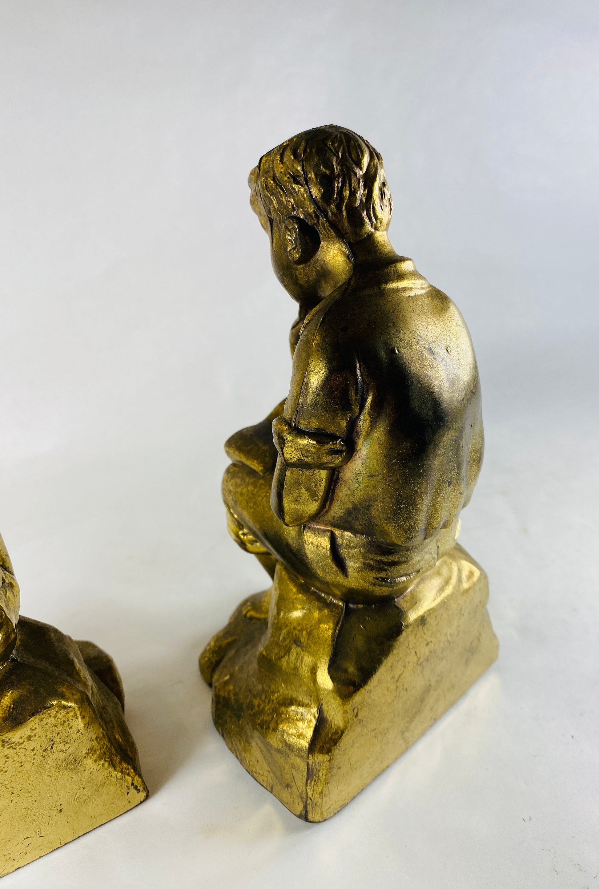 Bronze Curly Haired Barefoot Boy Reading a Book outside vintage bookends circa 1960s. Bronzed cast metal. Gorgeous bookshelf decor gift