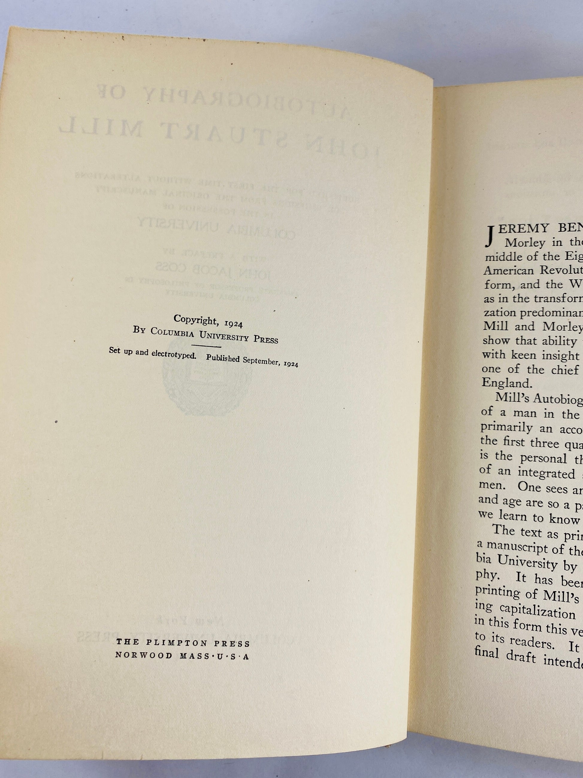 John Stuart Mill Autobiography vintage book circa 1924 Oxford Press Utilitarianism society and government philosophy.