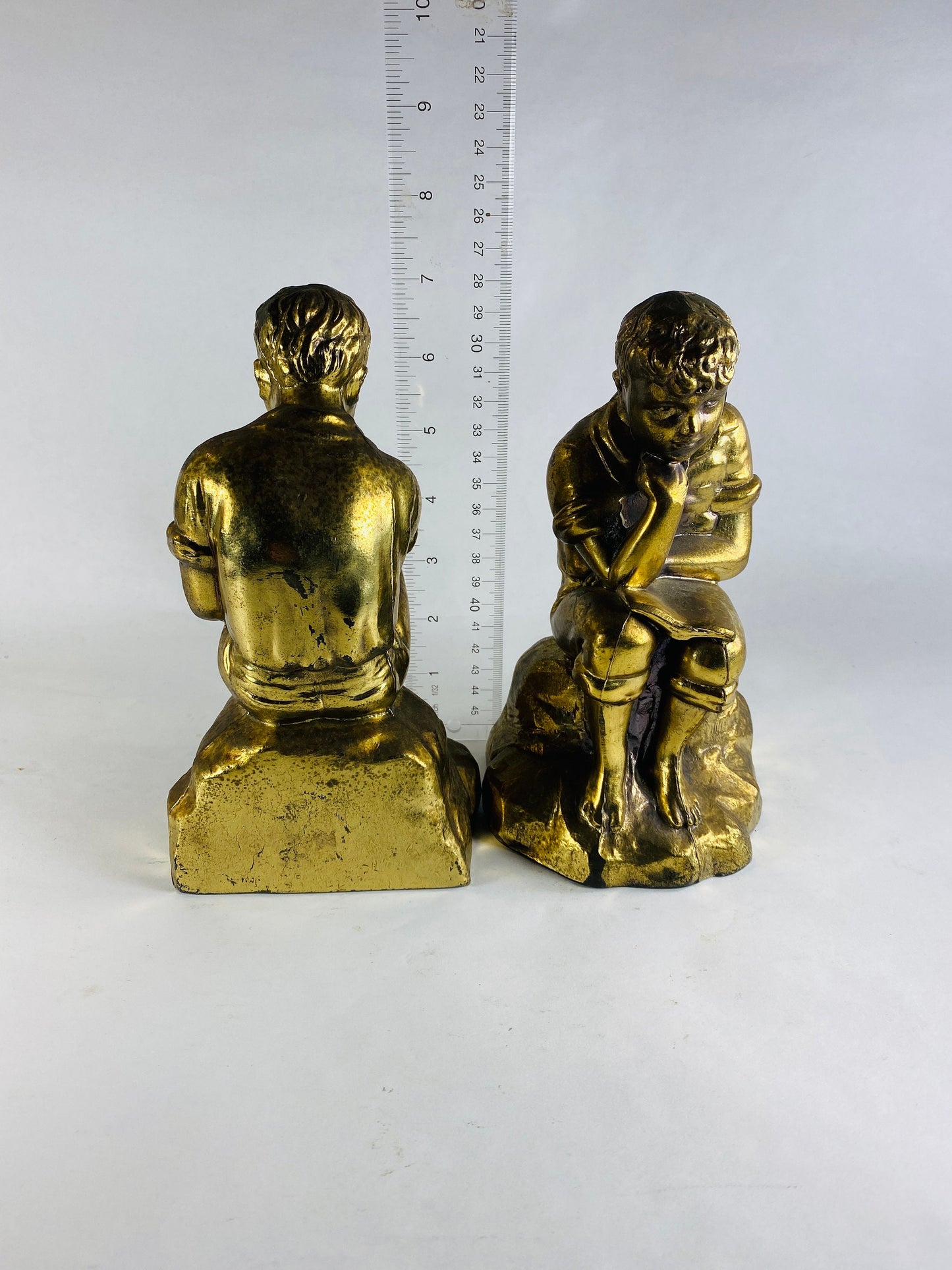 Bronze Curly Haired Barefoot Boy Reading a Book outside vintage bookends circa 1960s. Bronzed cast metal. Gorgeous bookshelf decor gift