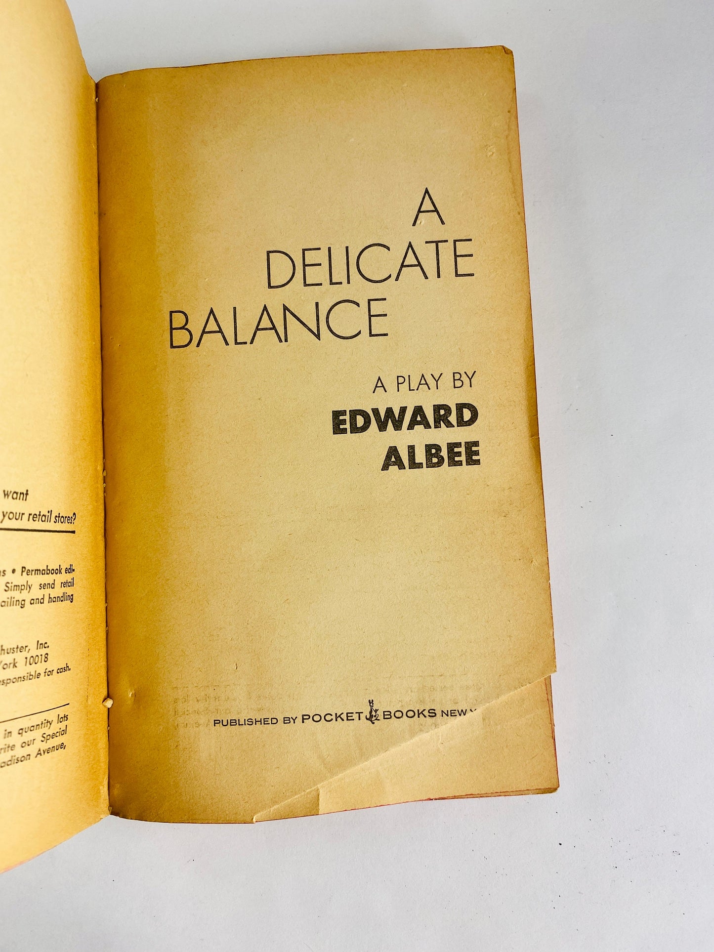 Delicate Balance by Edward Albee Vintage Pocket paperback book circa 1967 dedicated to John Steinbeck. Pulitzer Prize winning play