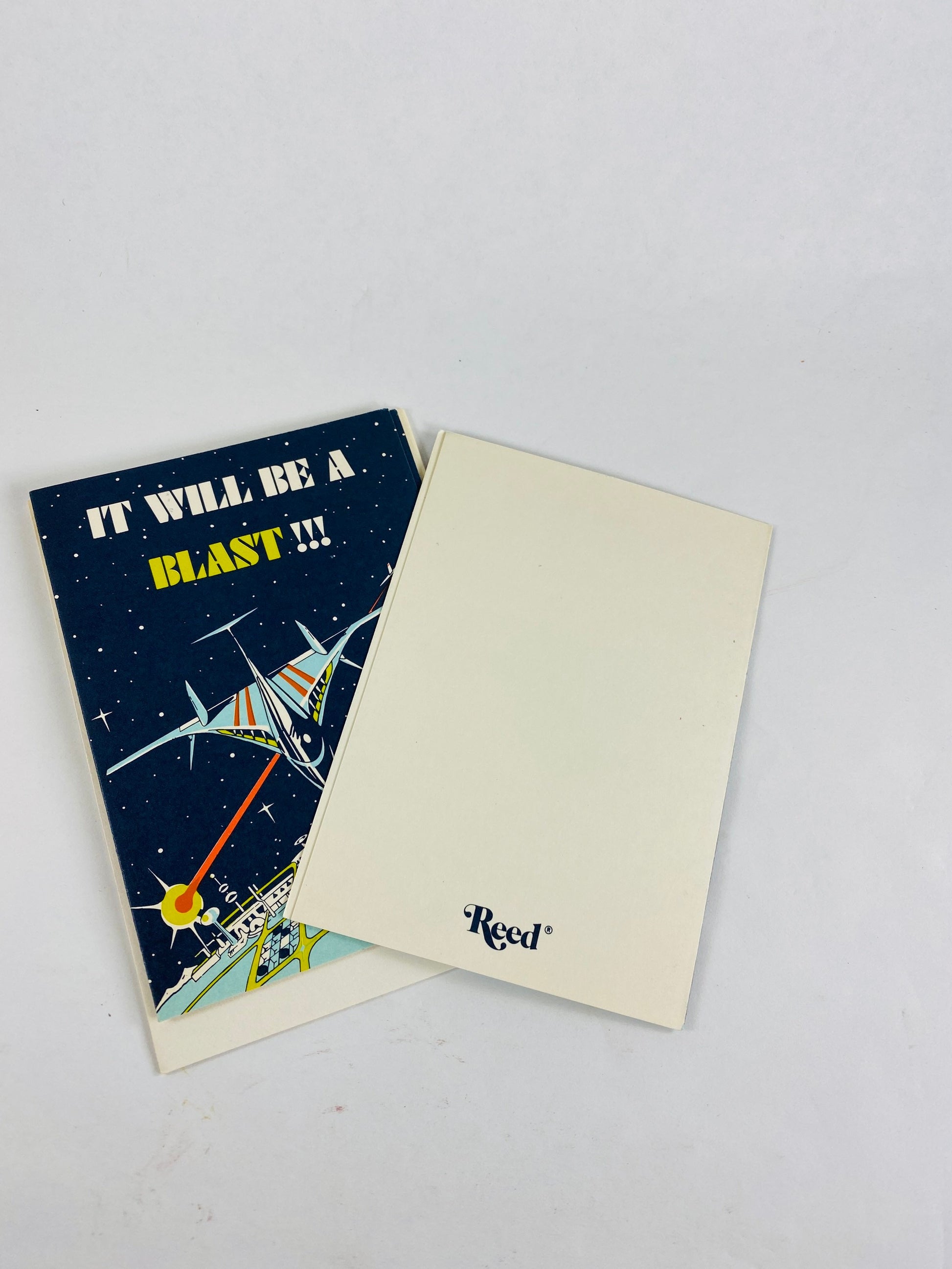 1980s spaceship rocket party invitation cards Lot of 3 unused cards with envelopes. Vintage Flight plan astronaut NASA themed