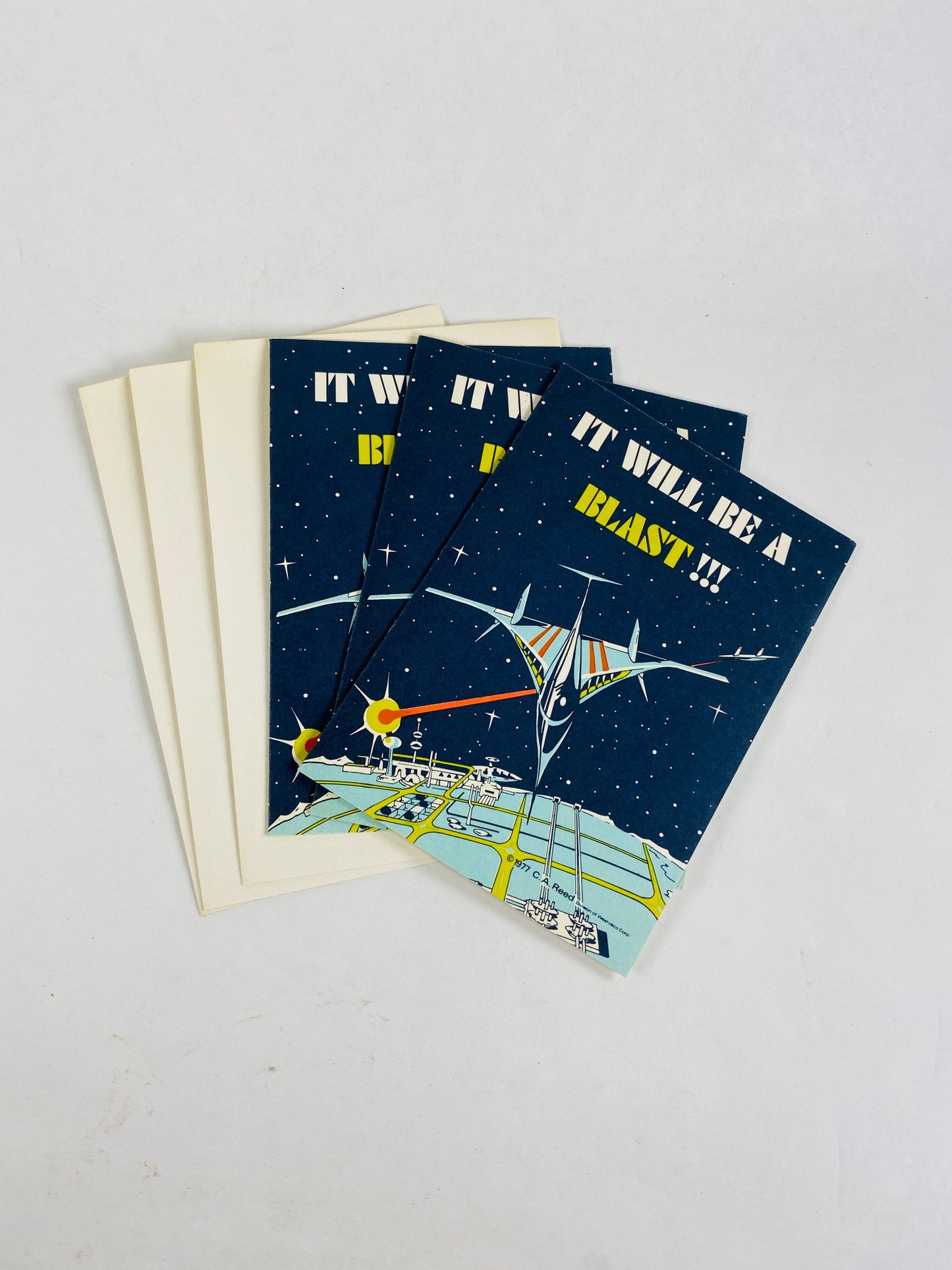 1980s spaceship rocket party invitation cards Lot of 3 unused cards with envelopes. Vintage Flight plan astronaut NASA themed