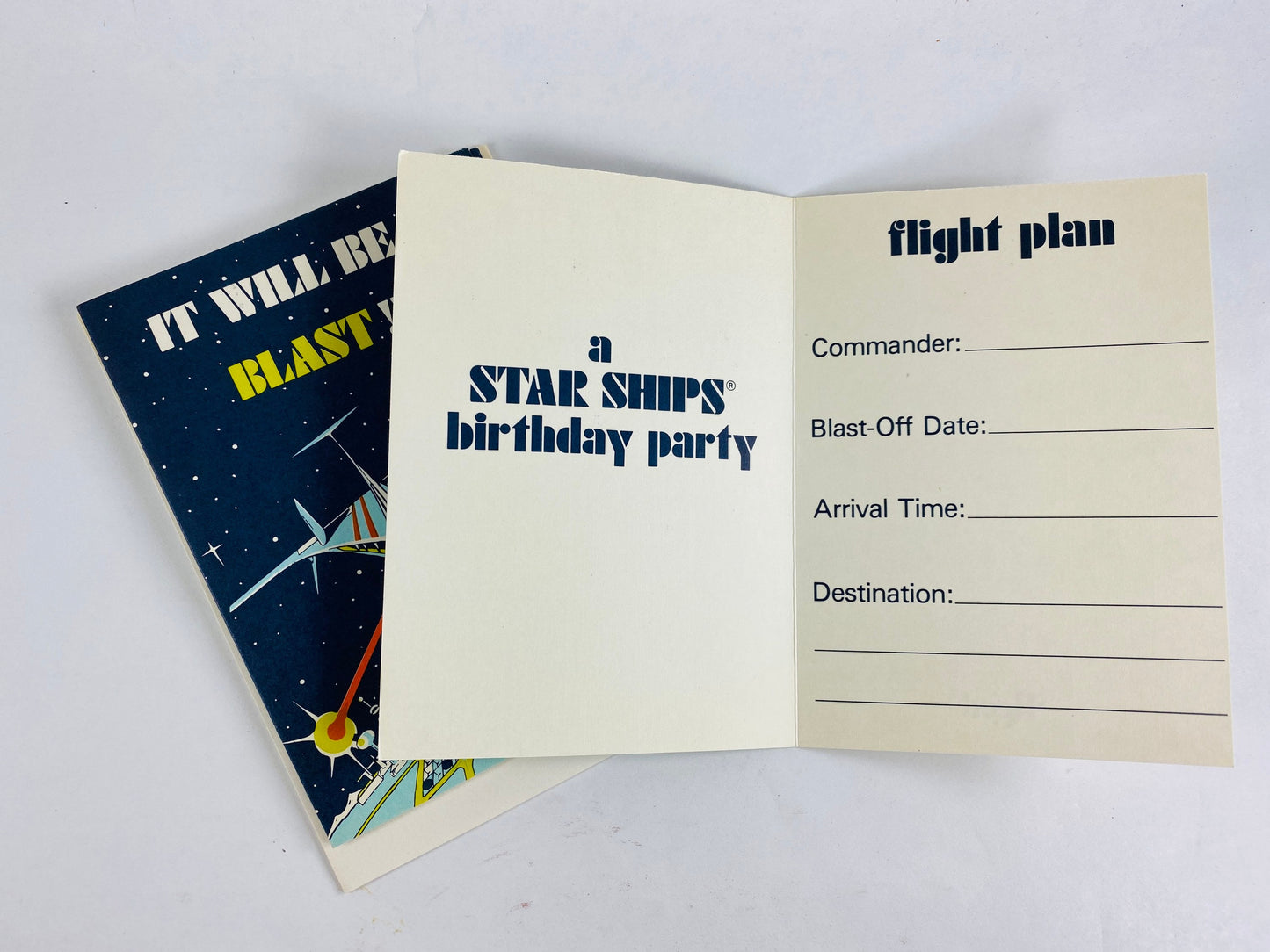 1980s spaceship rocket party invitation cards Lot of 3 unused cards with envelopes. Vintage Flight plan astronaut NASA themed