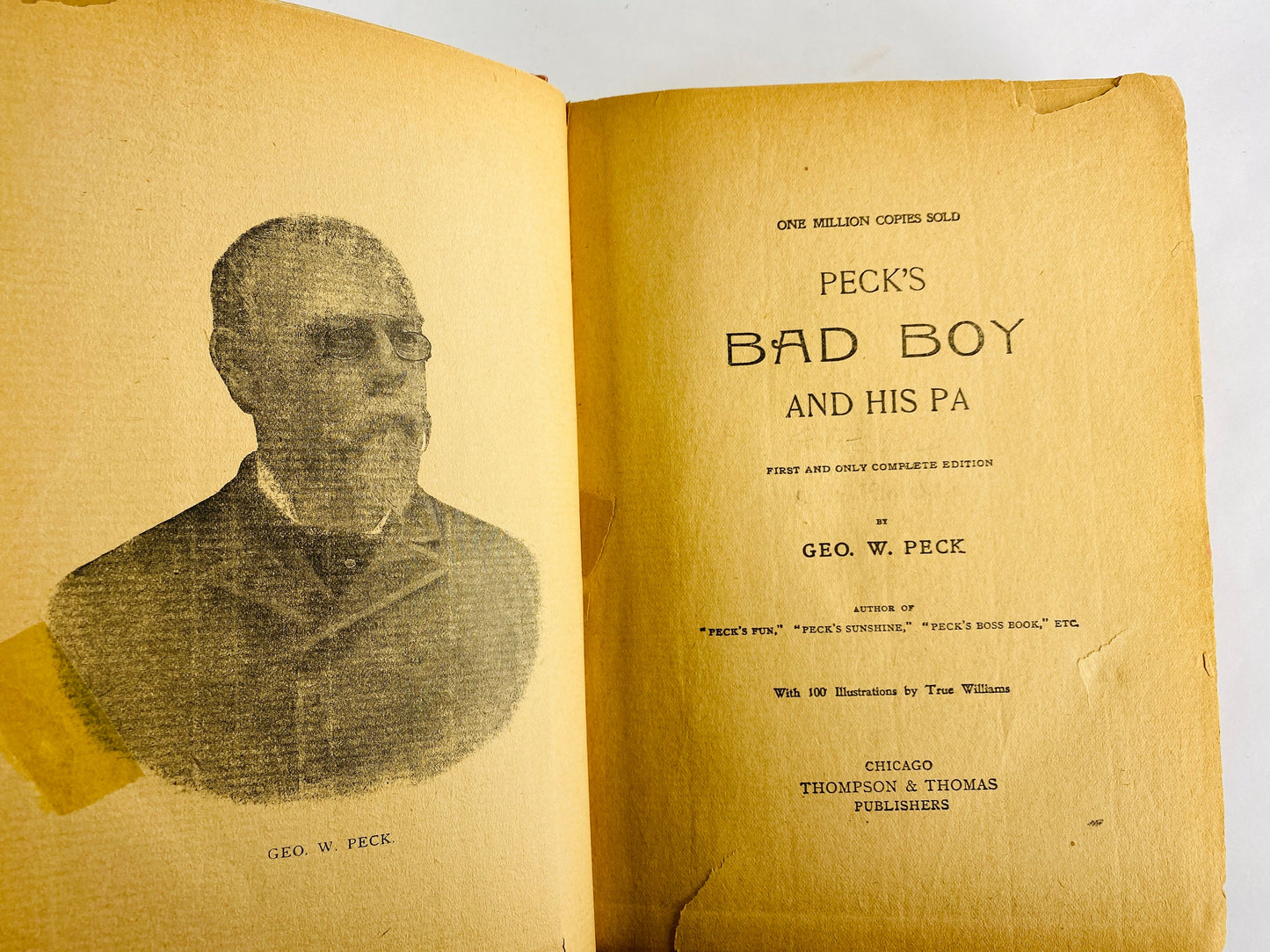 Basis for Huckleberry Finn Antique Peck's Bad Boy and his Pa by George Peck vintage book circa 1900 abou the mischievous prankster Red decor