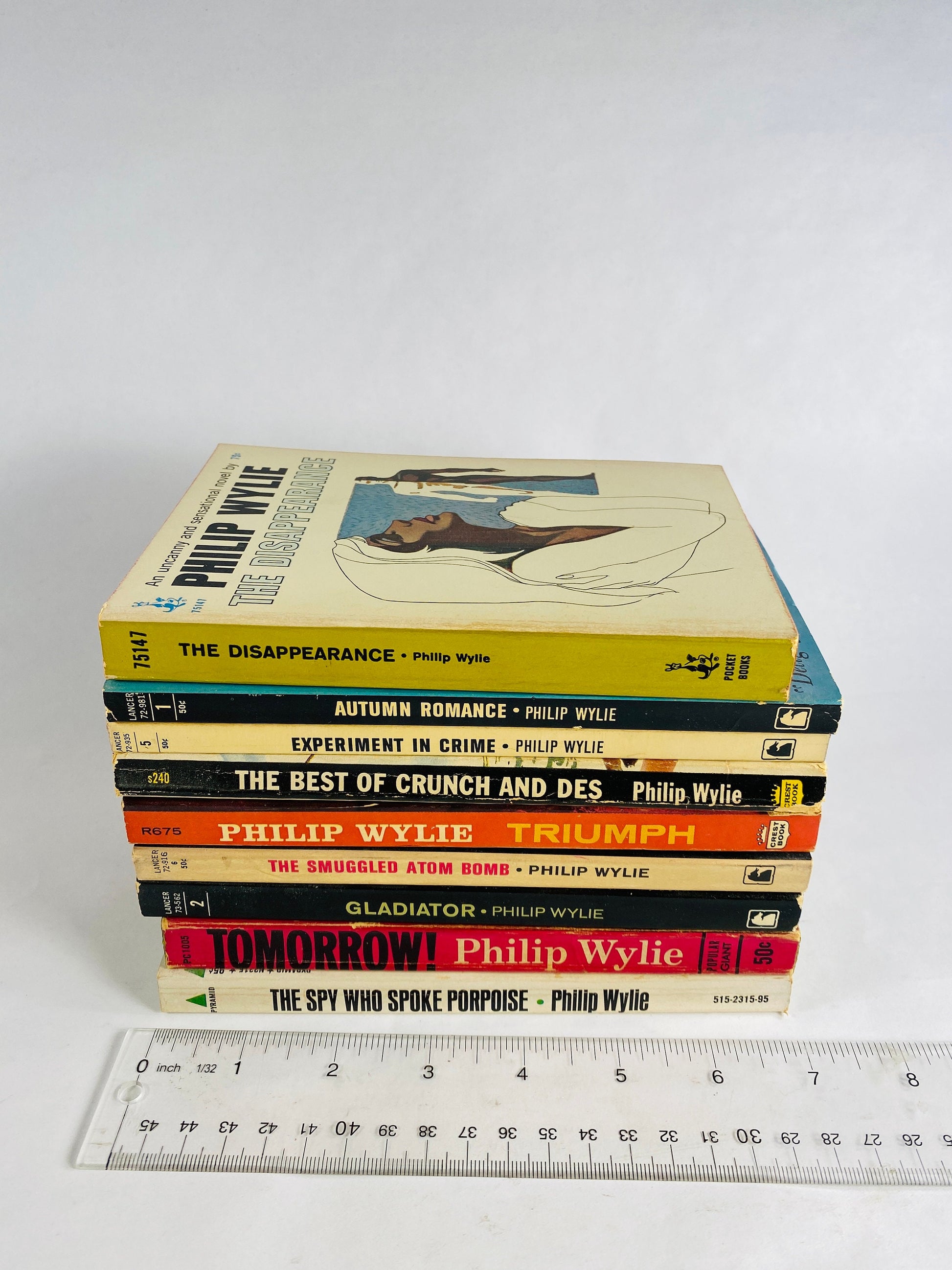 Philip Wylie FIRST & EARLY printing vintage paperback books circa 1950s and 60s Smuggled Atom Bomb, Spy Who Spoke, Triumph, Disappearance