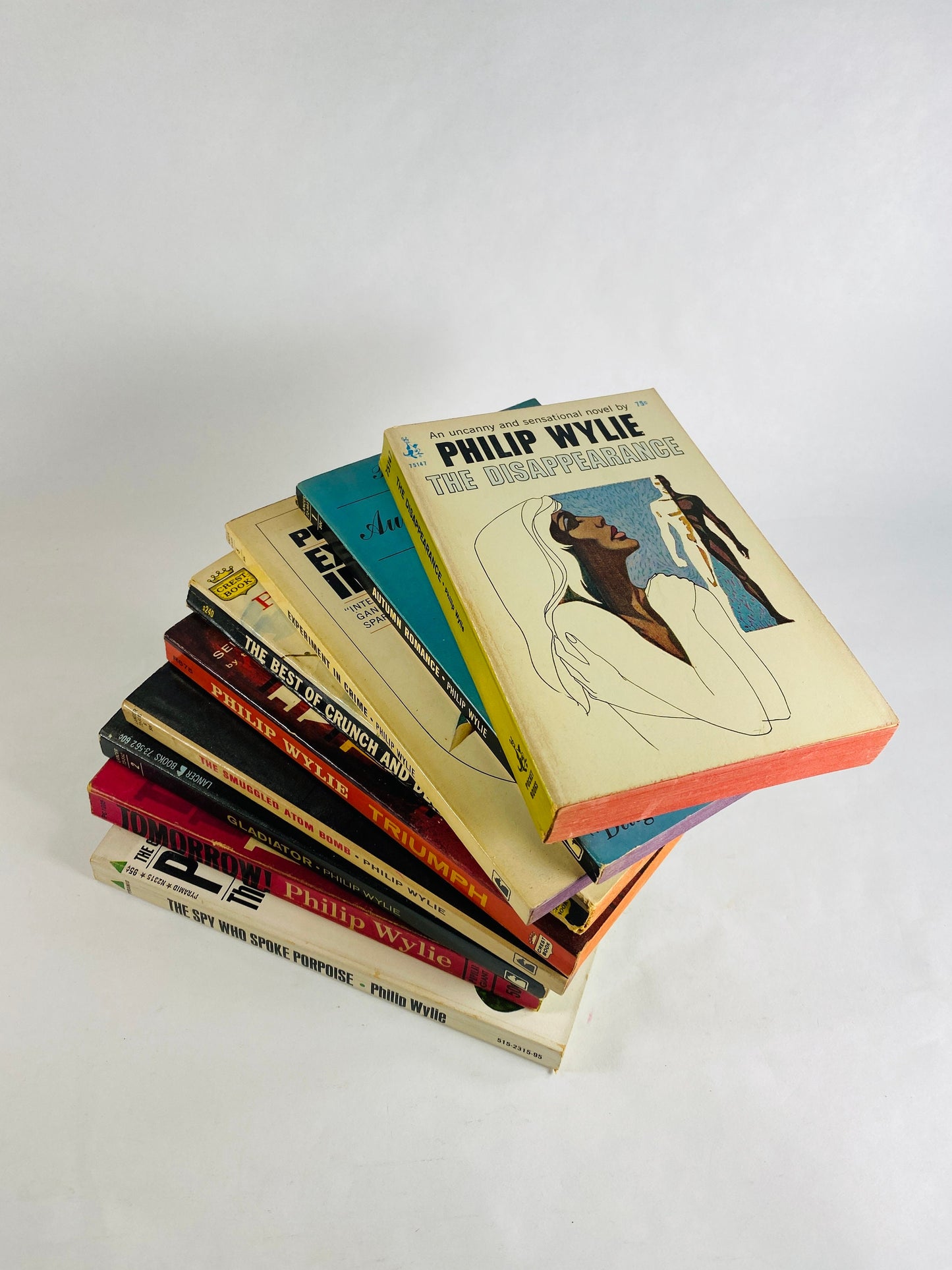 Philip Wylie FIRST & EARLY printing vintage paperback books circa 1950s and 60s Smuggled Atom Bomb, Spy Who Spoke, Triumph, Disappearance