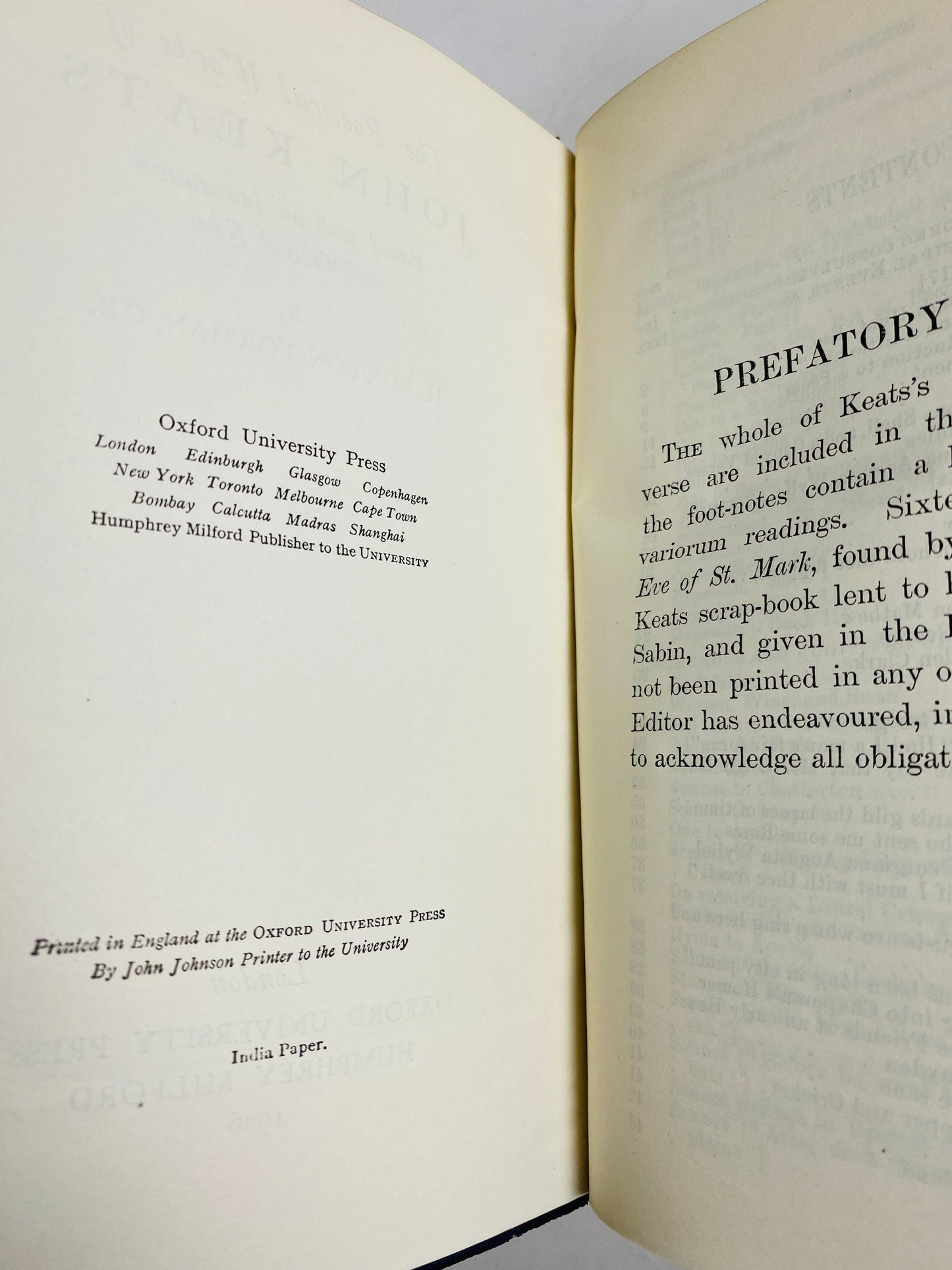 1926 John Keats Oxford University Poetical Works Romantic vintage poetry book with blue leather, embossed in gold, printed on India paper