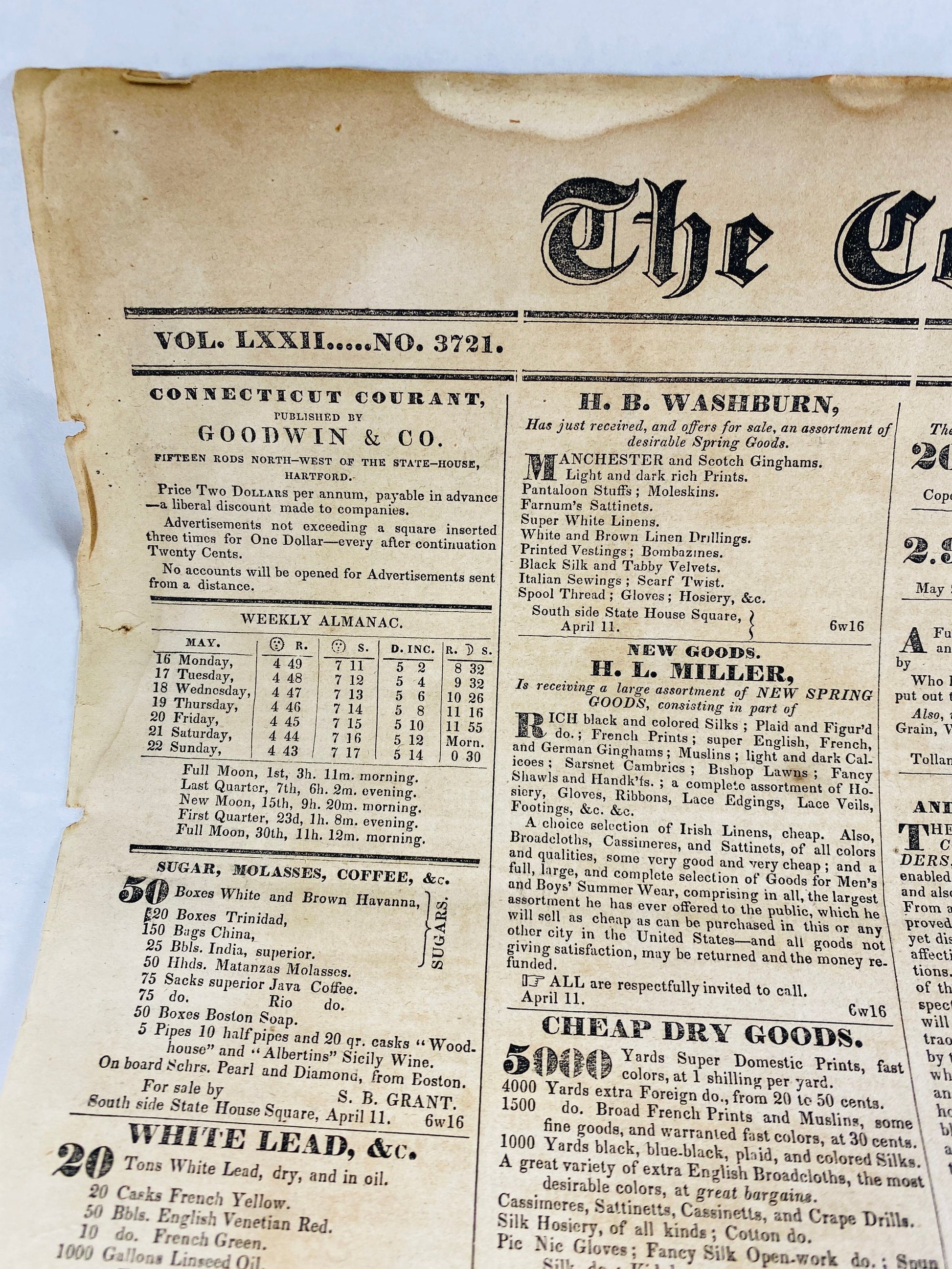 1836 Connecticut Courant Newspaper circa May 16, 1836 GENUINE antique newspaper pre-civil war. Hartford CT Godwin & Co