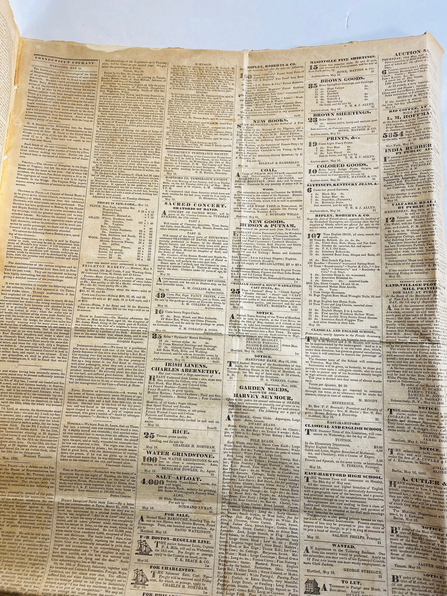 1836 Connecticut Courant Newspaper circa May 16, 1836 GENUINE antique newspaper pre-civil war. Hartford CT Godwin & Co