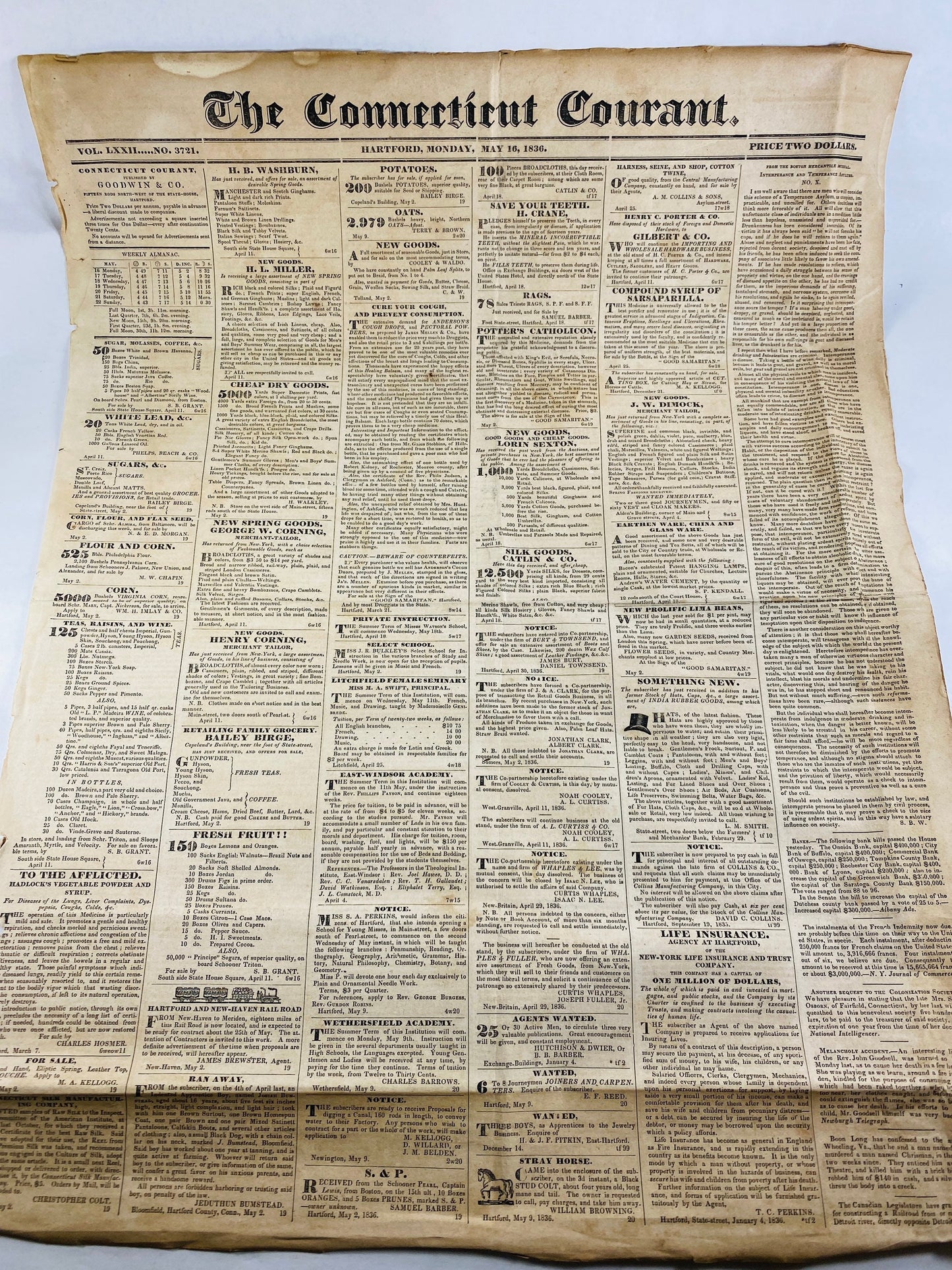 1836 Connecticut Courant Newspaper circa May 16, 1836 GENUINE antique newspaper pre-civil war. Hartford CT Godwin & Co