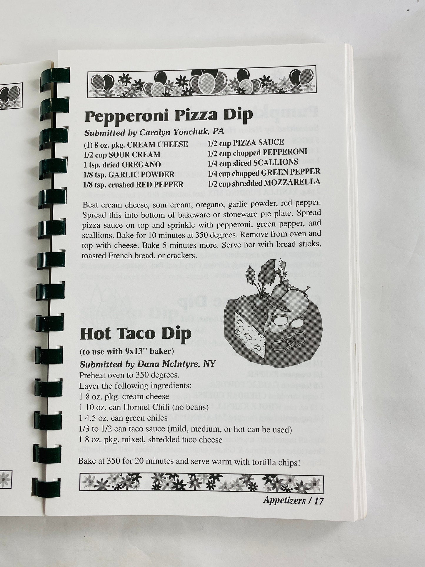 Home & Garden Party vintage cookbook with numerous dip recipes Corn cheese, Mexican nacho, Vidalia Onion, Fancy Cheese Log, Shrimp, Reuben